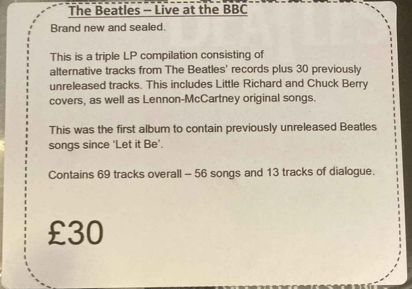 Further description of the record which is on the front of the PVC sealing