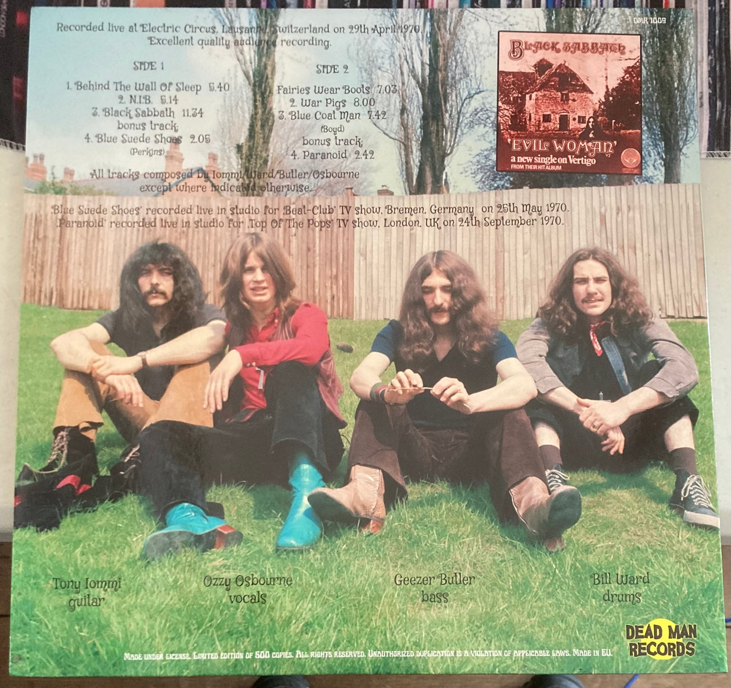 The back of 'Black Sabbath - Live in Lausanne April 1970' on vinyl.