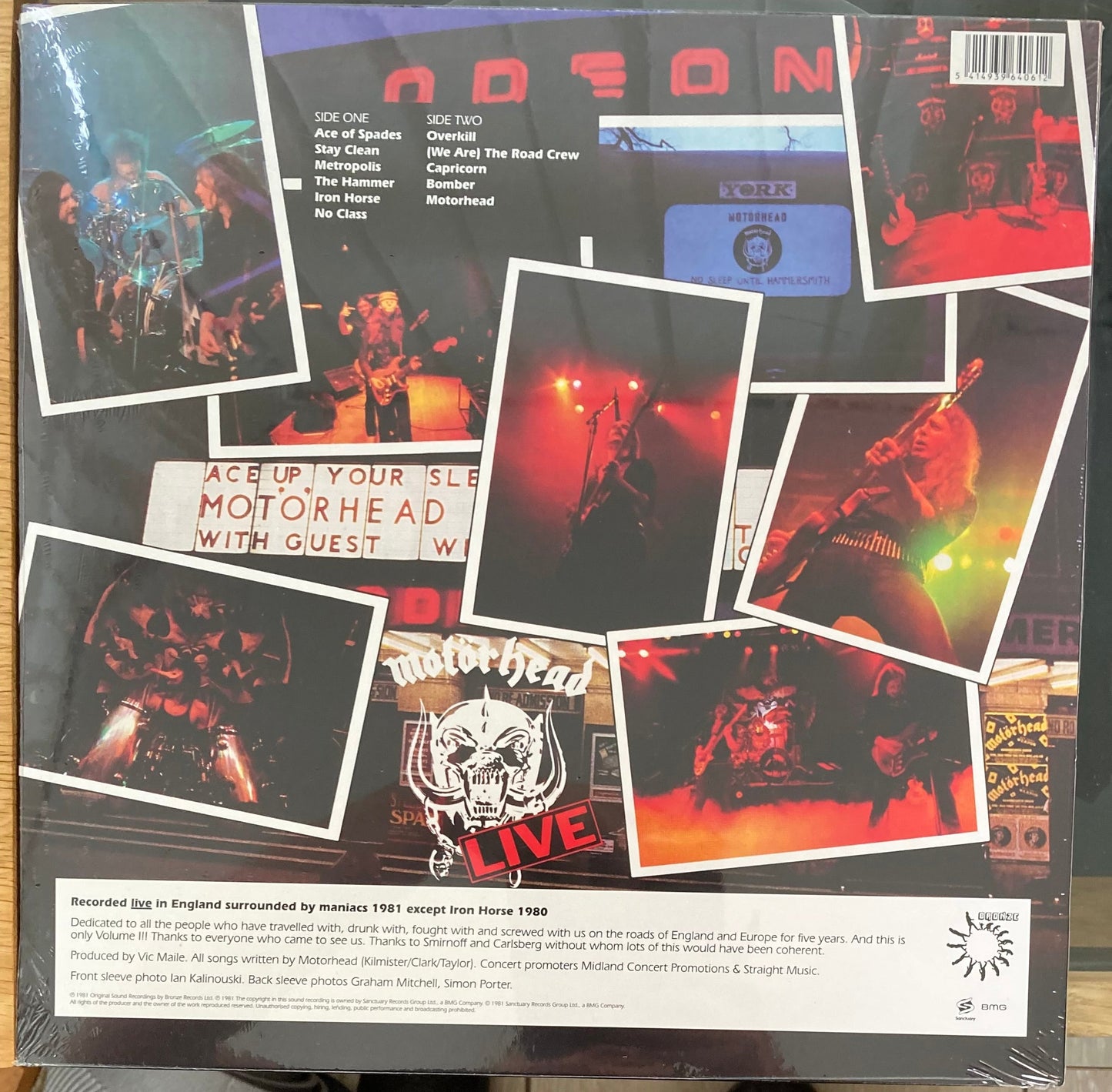 The back of ‘Motörhead No Sleep ‘til Hammersmith’ on vinyl