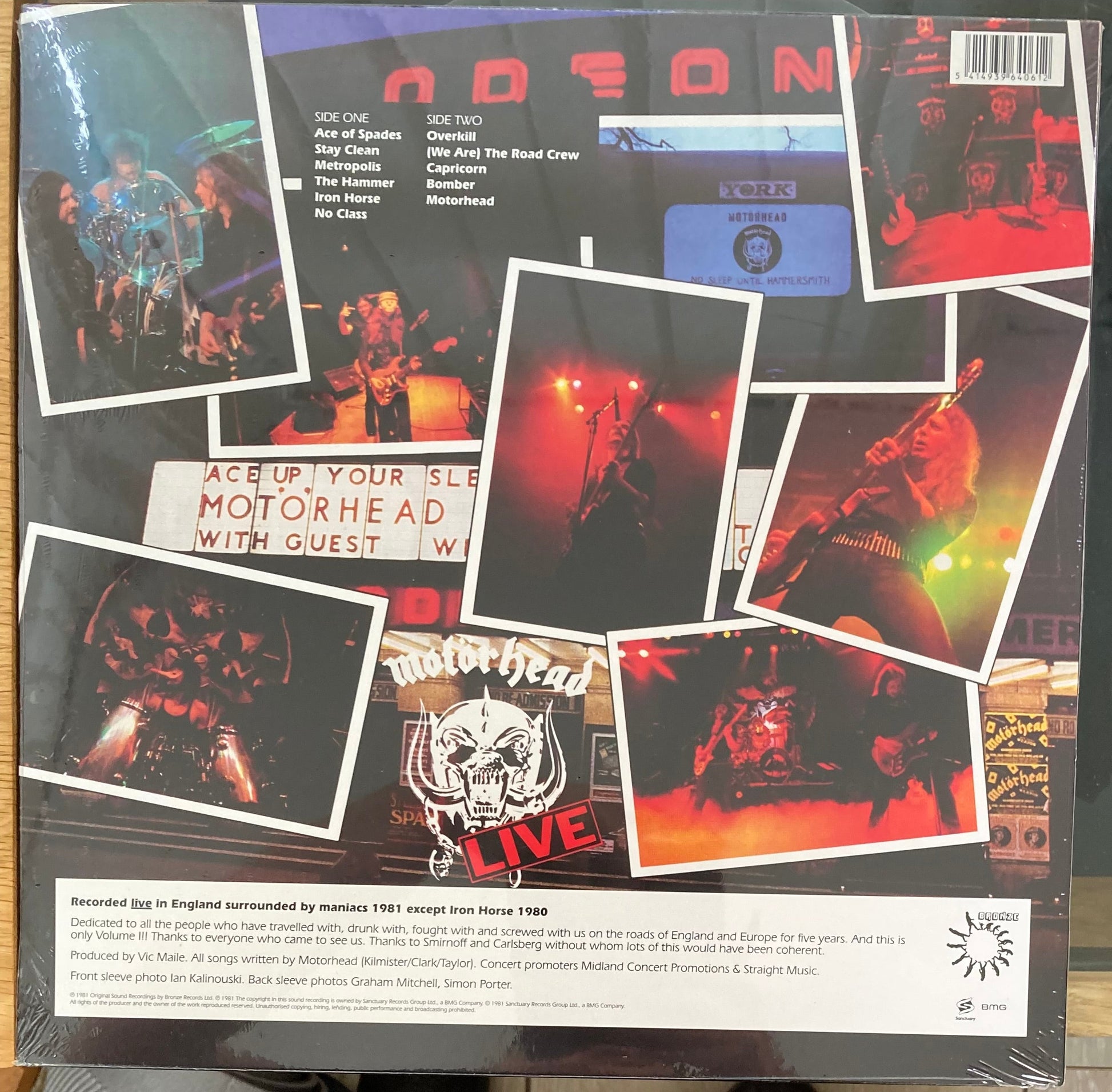 The back of ‘Motörhead No Sleep ‘til Hammersmith’ on vinyl