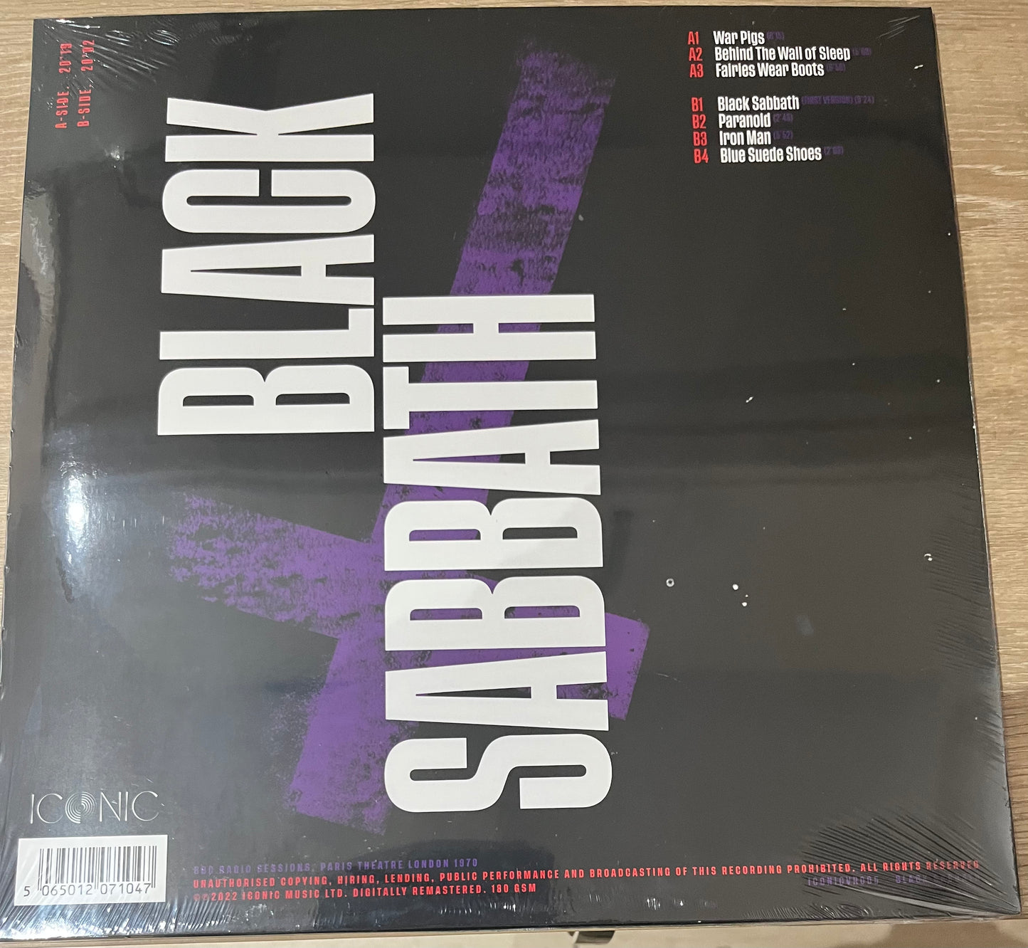 The back of 'Black Sabbath Paris Theatre 1970' on vinyl