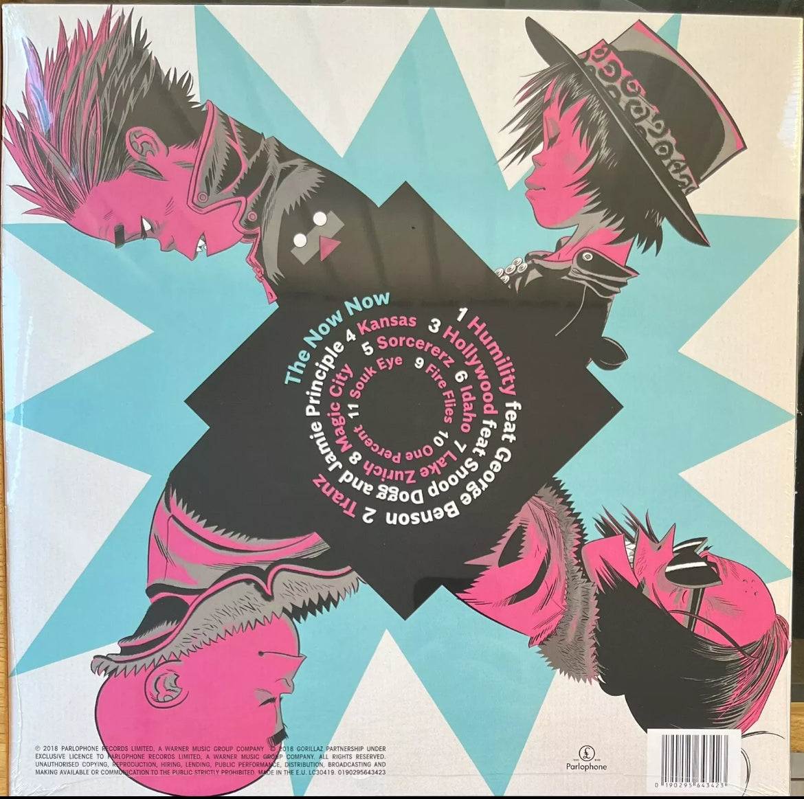 The back cover of 'Gorillaz - The Now Now' on vinyl. This album is sealed and unplayed.