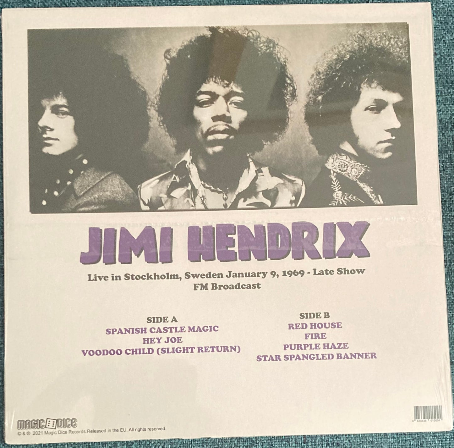 The back of 'Jimi Hendrix Live in Stockholm January 9, 1969 - Late Show - FM Broadcast' on vinyl