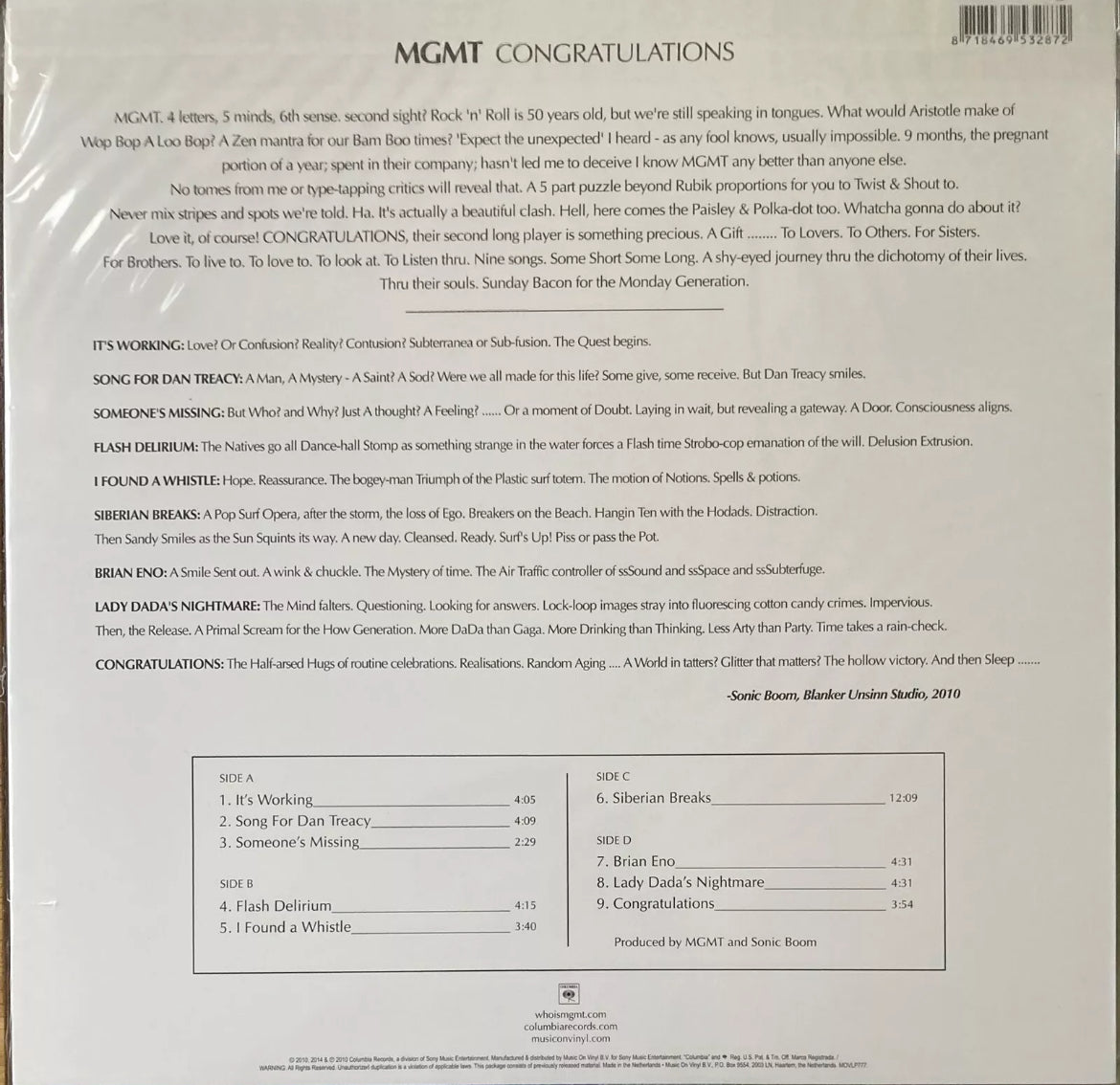 The back of 'MGMT Congratulations' on vinyl