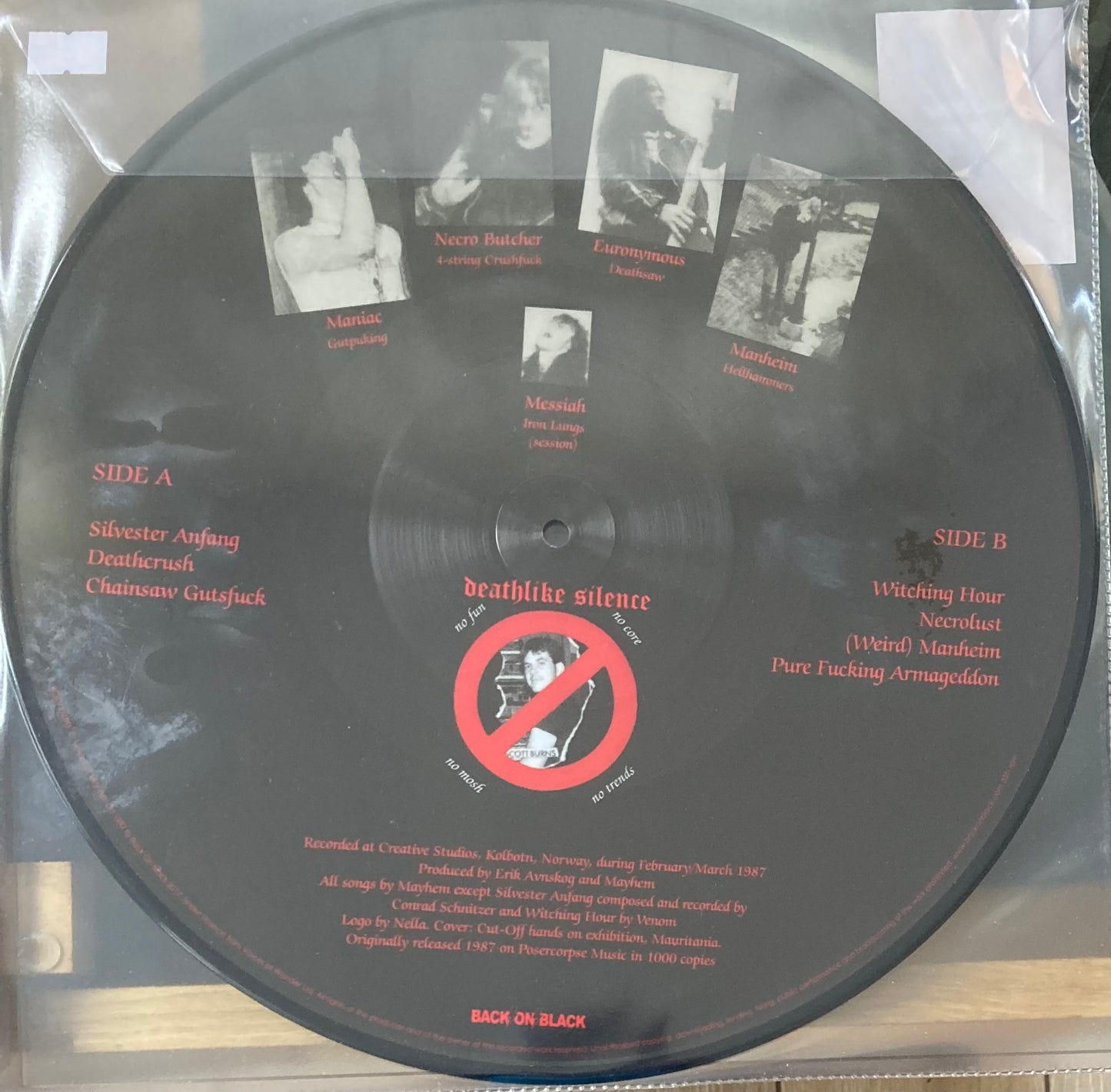 The back of 'Mayhem Deathcrush' on vinyl