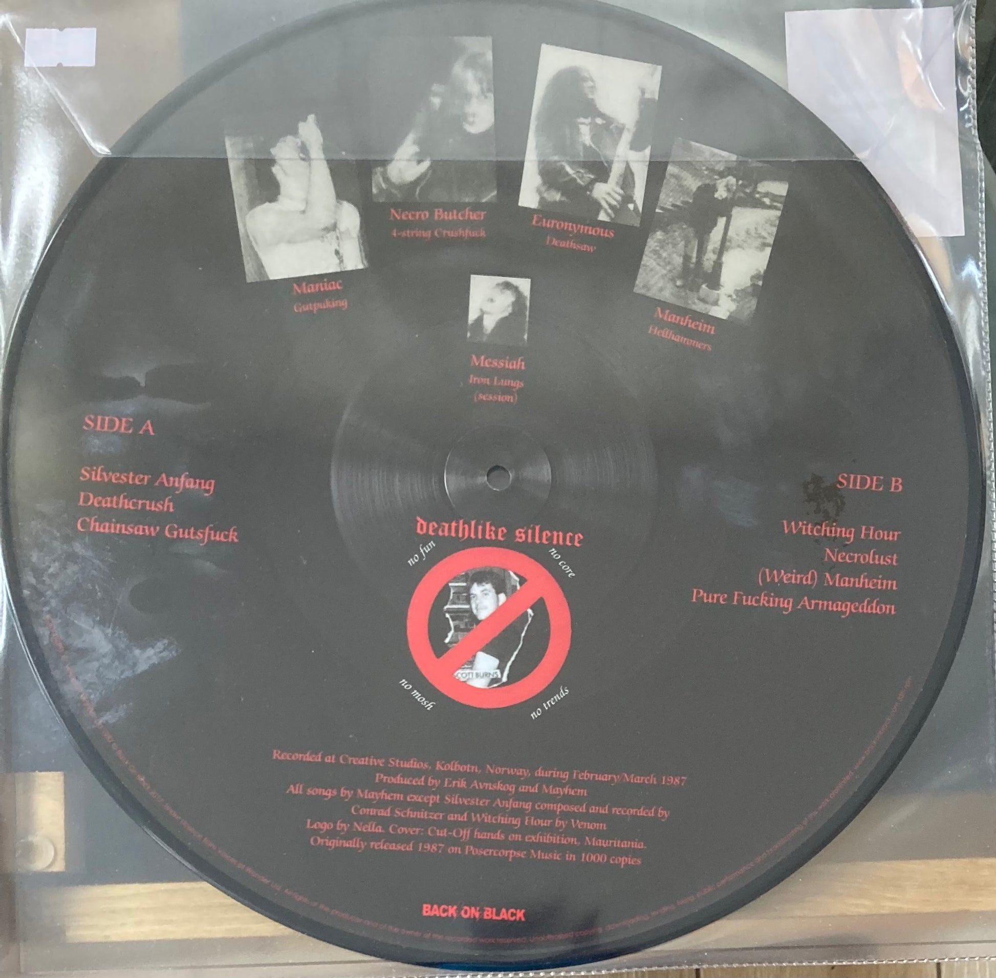 The back of 'Mayhem Deathcrush' on vinyl