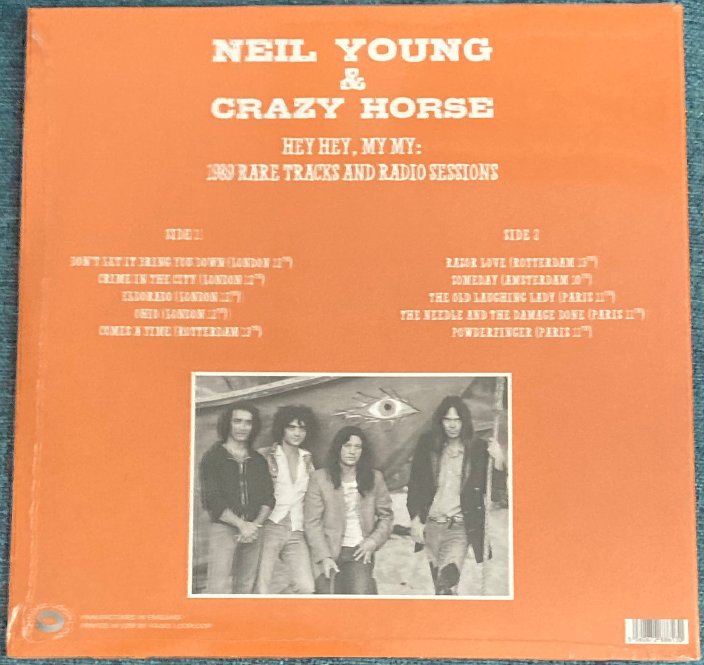 The back of 'Neil Young Hey Hey My My 1989 Rare Tracks' on vinyl