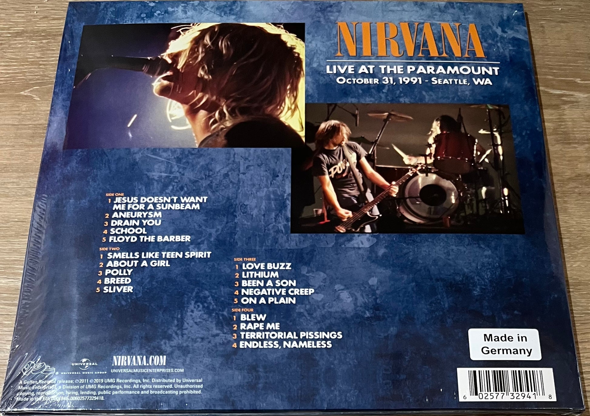 The back of 'Nirvana Live at the Paramount' on vinyl