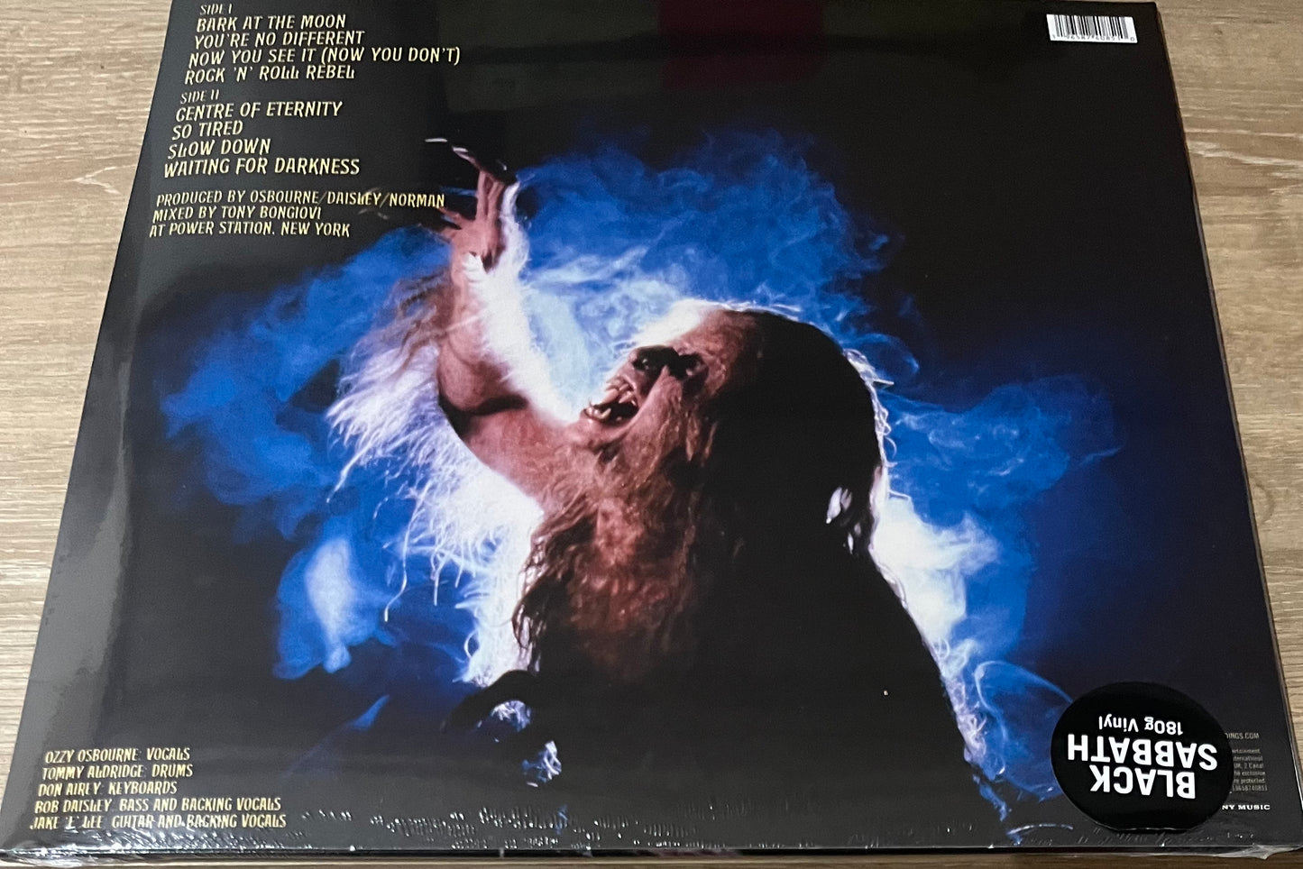 The back of 'Ozzy Osbourne Bark at the Moon' on vinyl