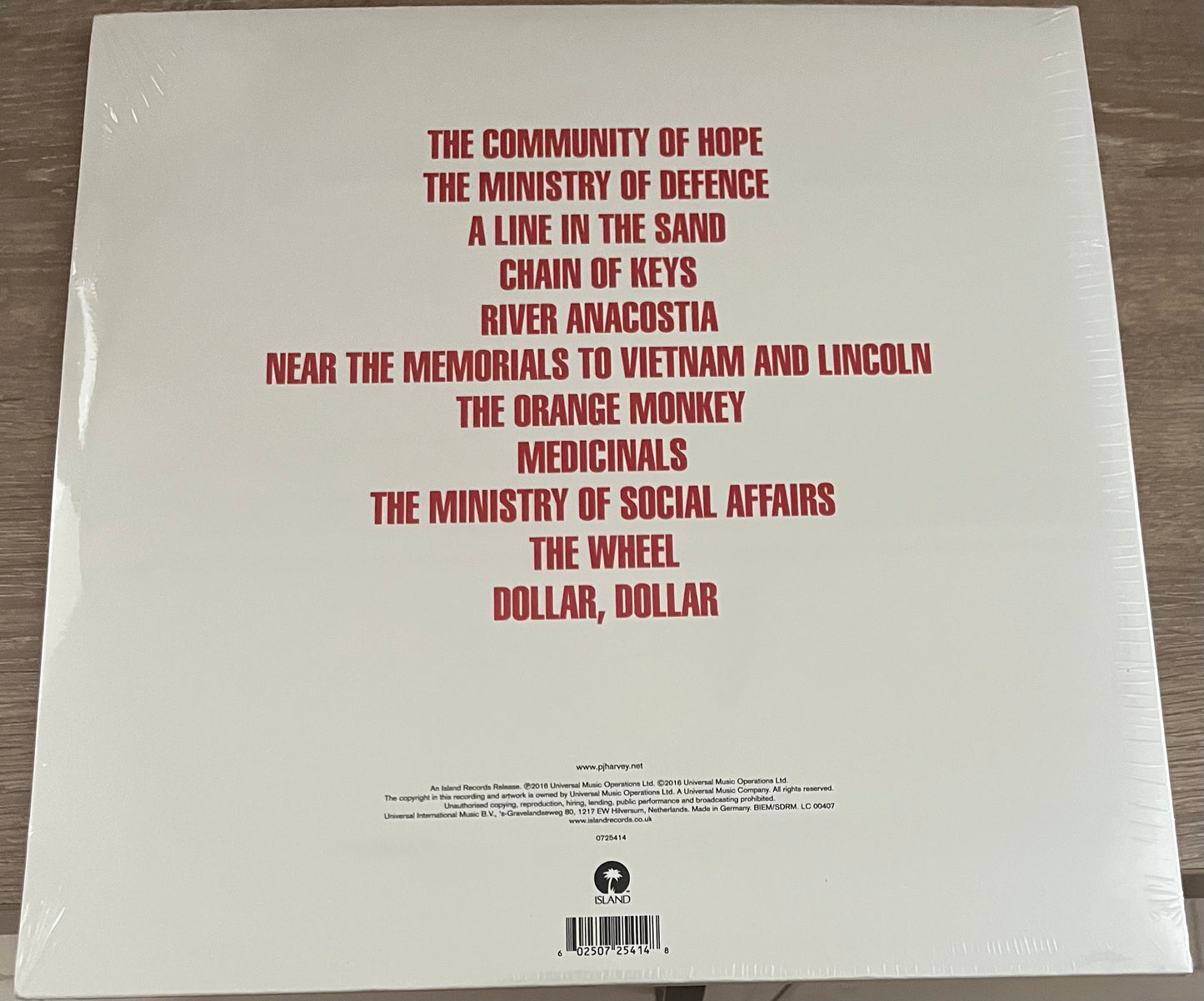 The back of 'PJ Harvey the Hope Six Demolition Project' on vinyl