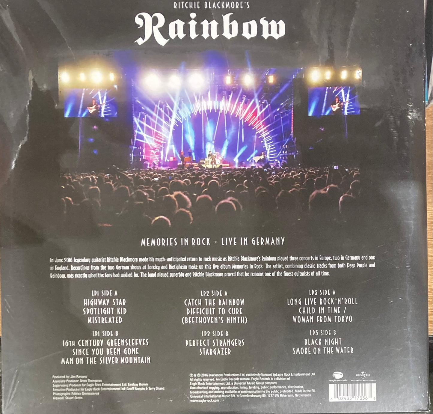 The back of 'Ritchie Blackmore's Rainbow - Memories in Rock' on vinyl