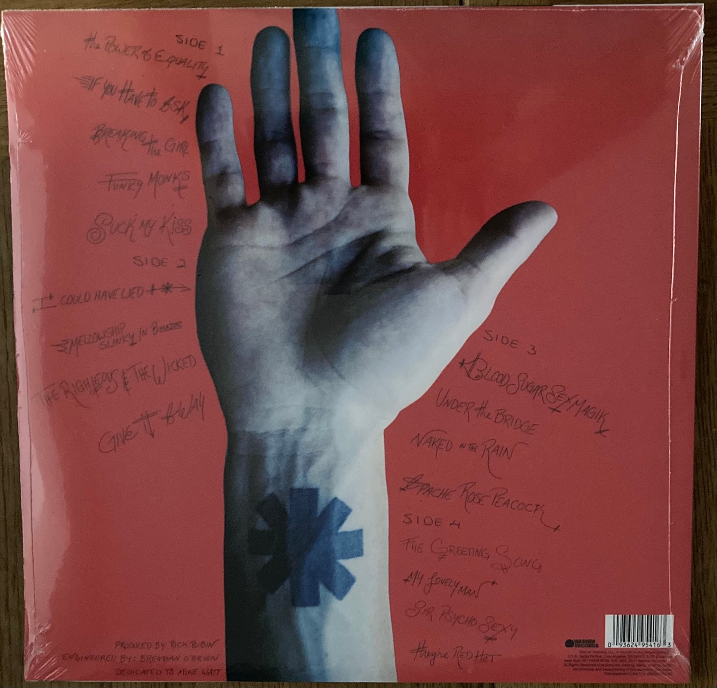 The back of 'Red Hot Chili Peppers Blood Sugar Sex Magik' on vinyl