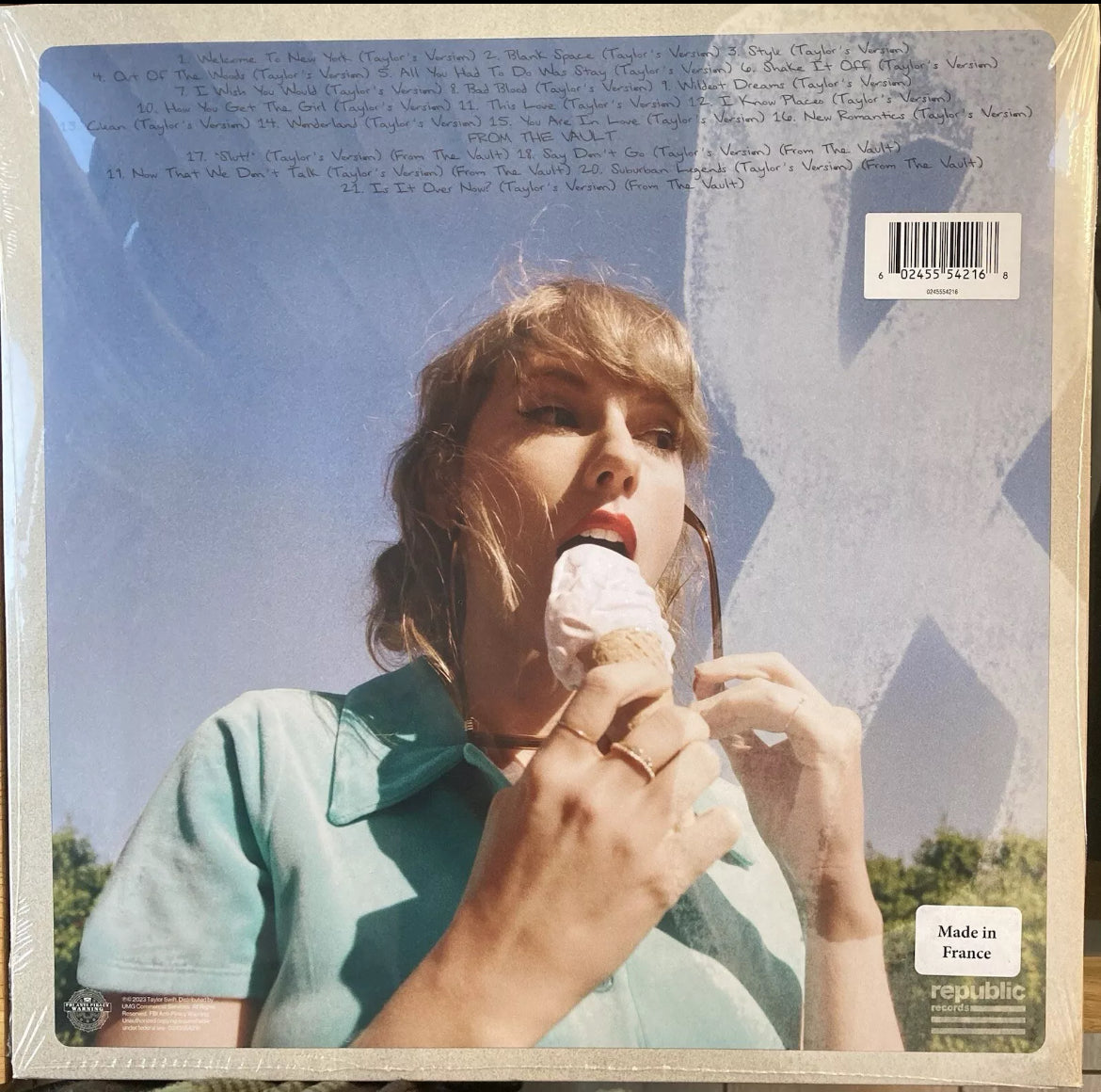 The back of 'Taylor Swift 1989 Taylor’s Version (Aquamarine Green)' on vinyl
