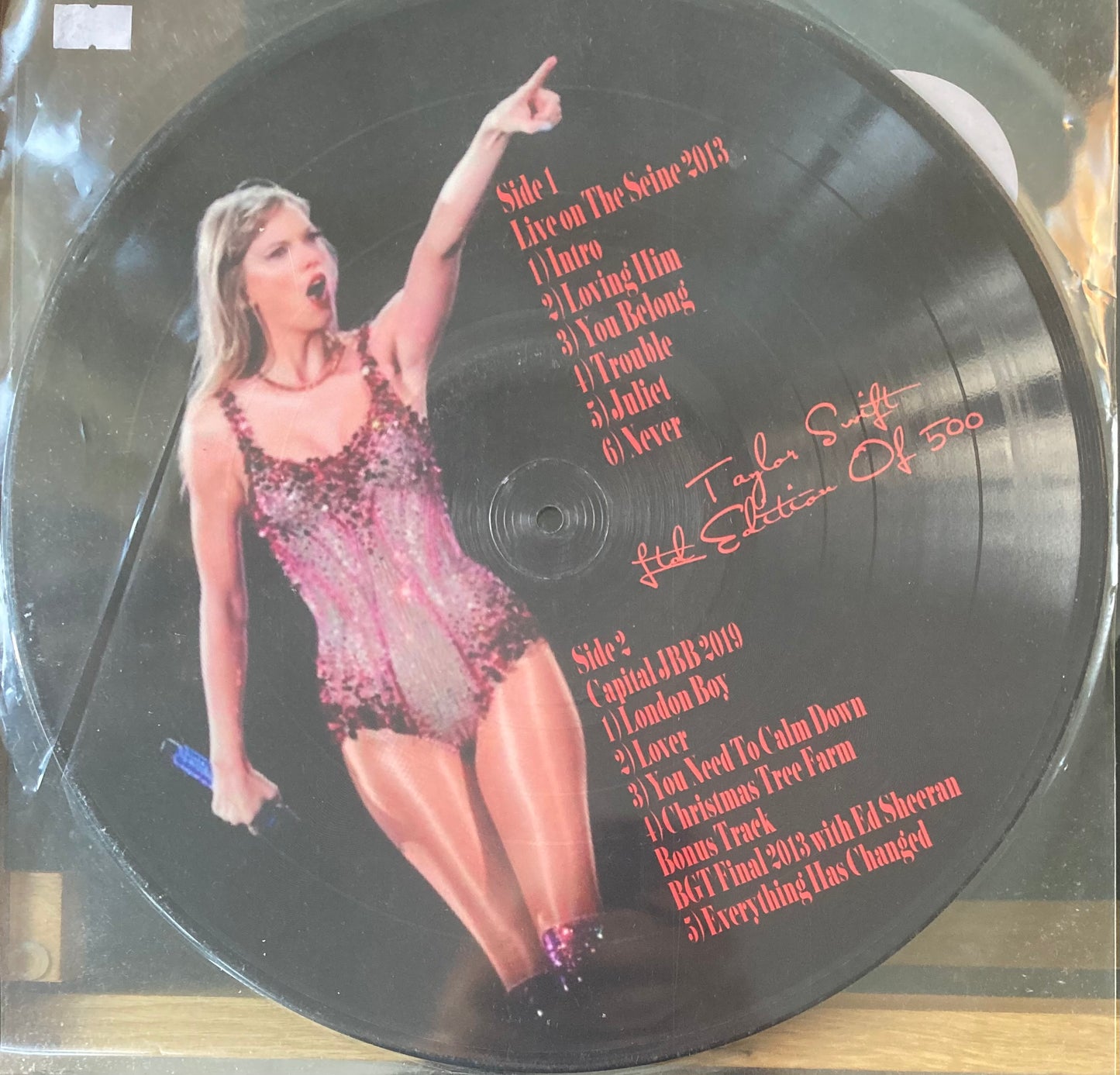 The back of the Taylor Swift live Picture disc on vinyl