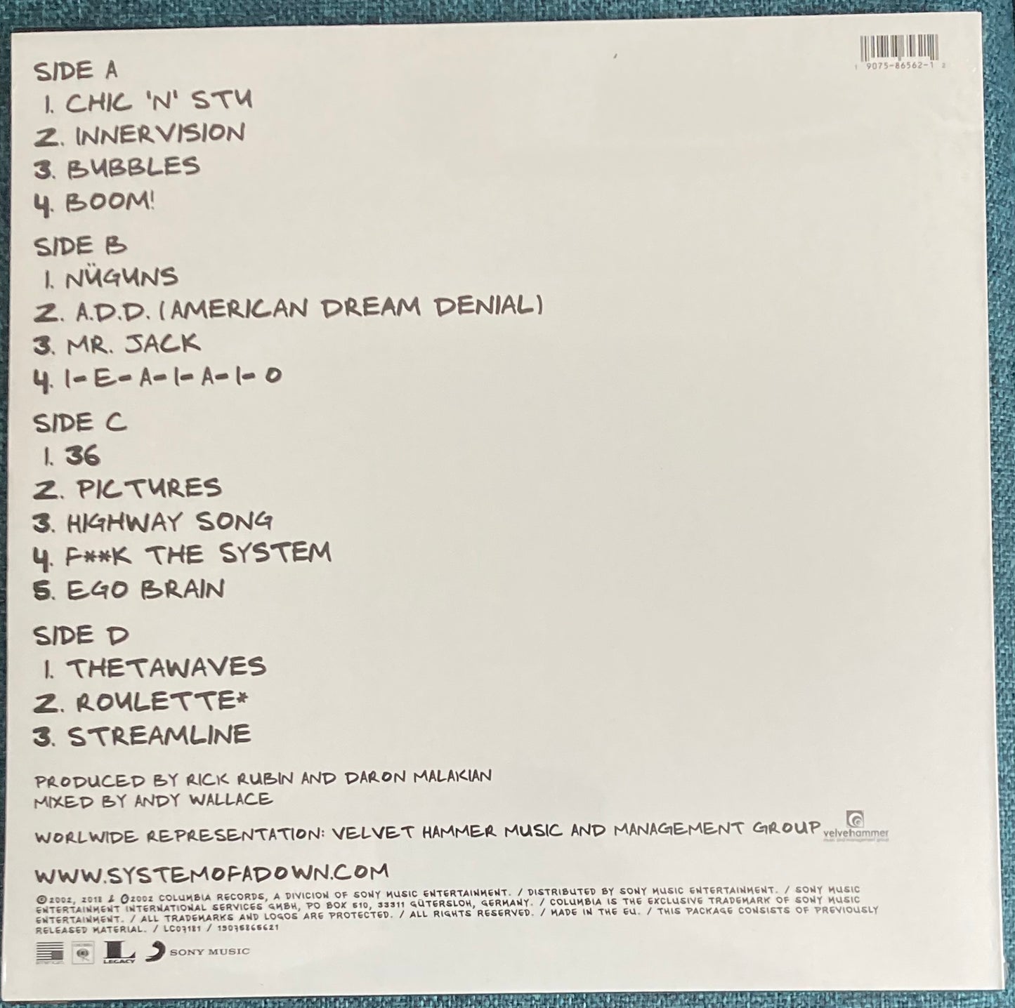 The back of 'System of a Down Steal This Album!' on vinyl