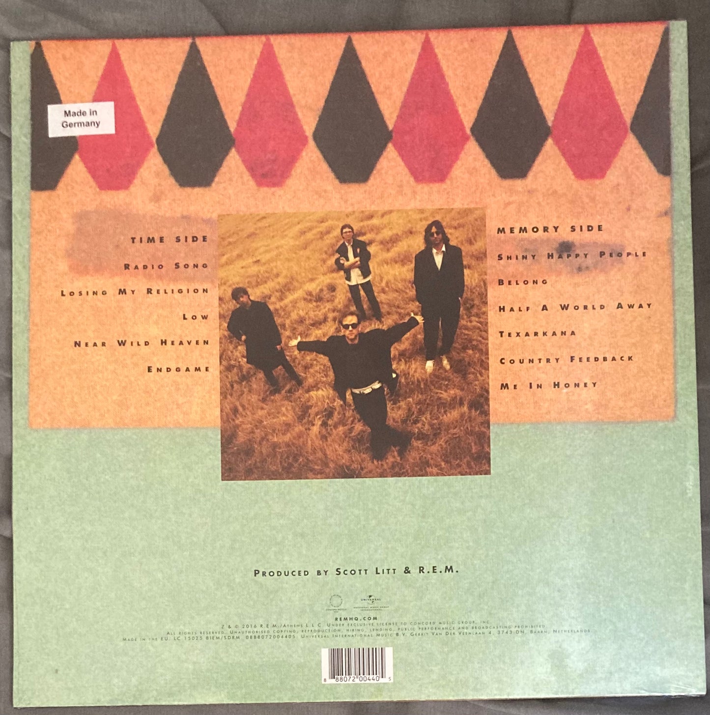 The back of 'R.E.M. - Out of Time' on vinyl