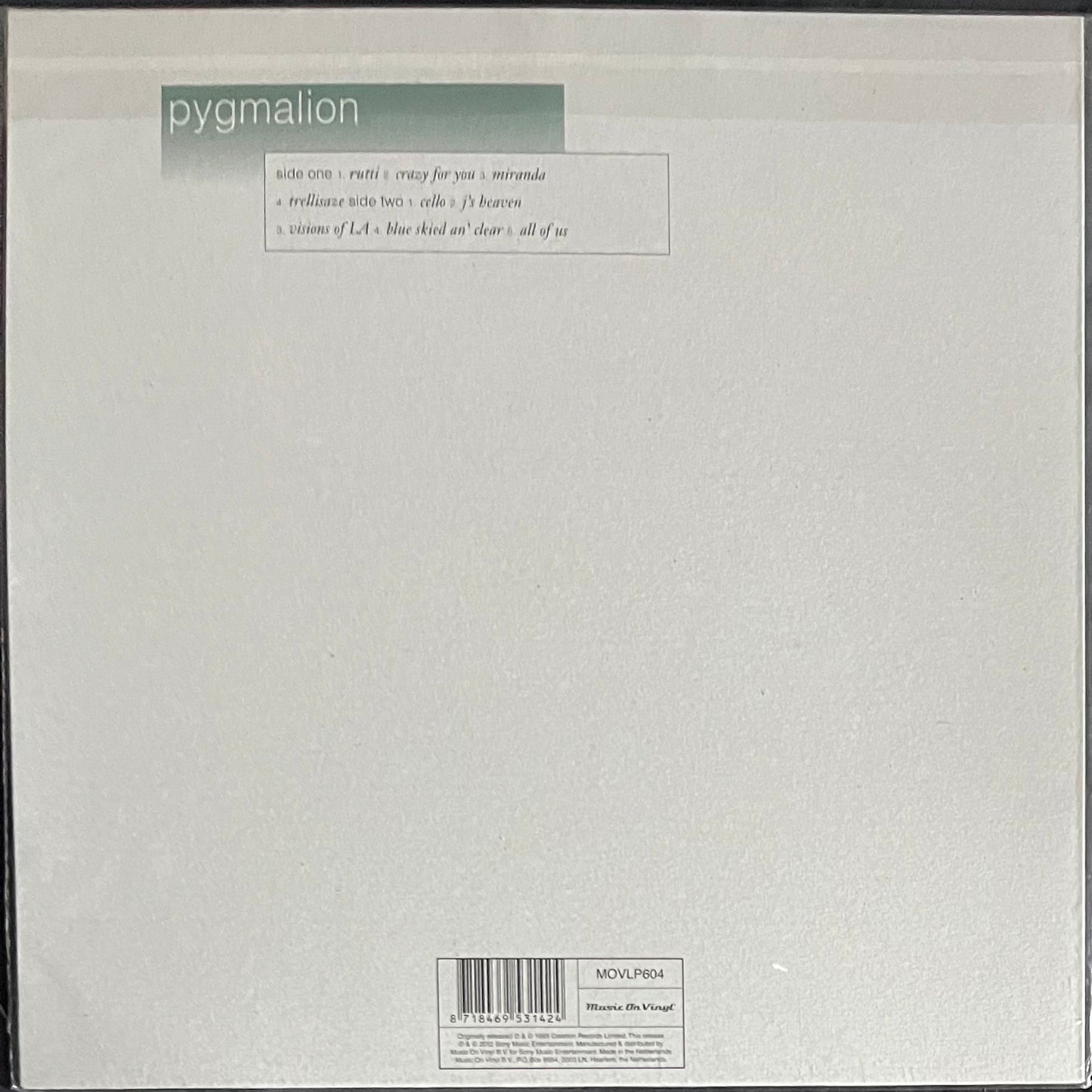 Back cover of a music album with 'pygmalion' at the top