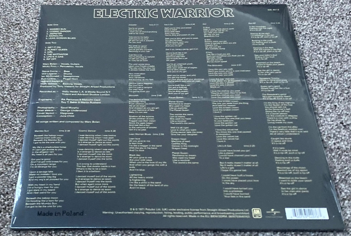 The back of T.Rex - Electric Warrior on vinyl