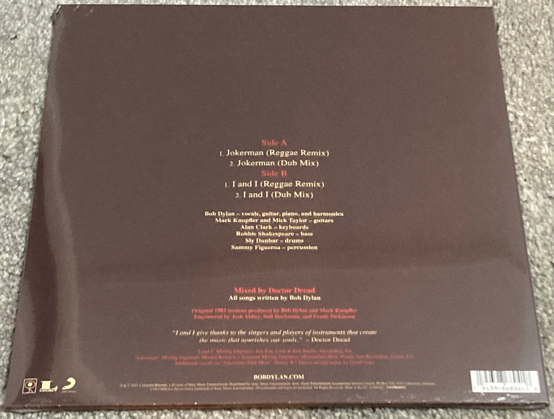 The back of Bob Dylan - Jokerman on a 12” single