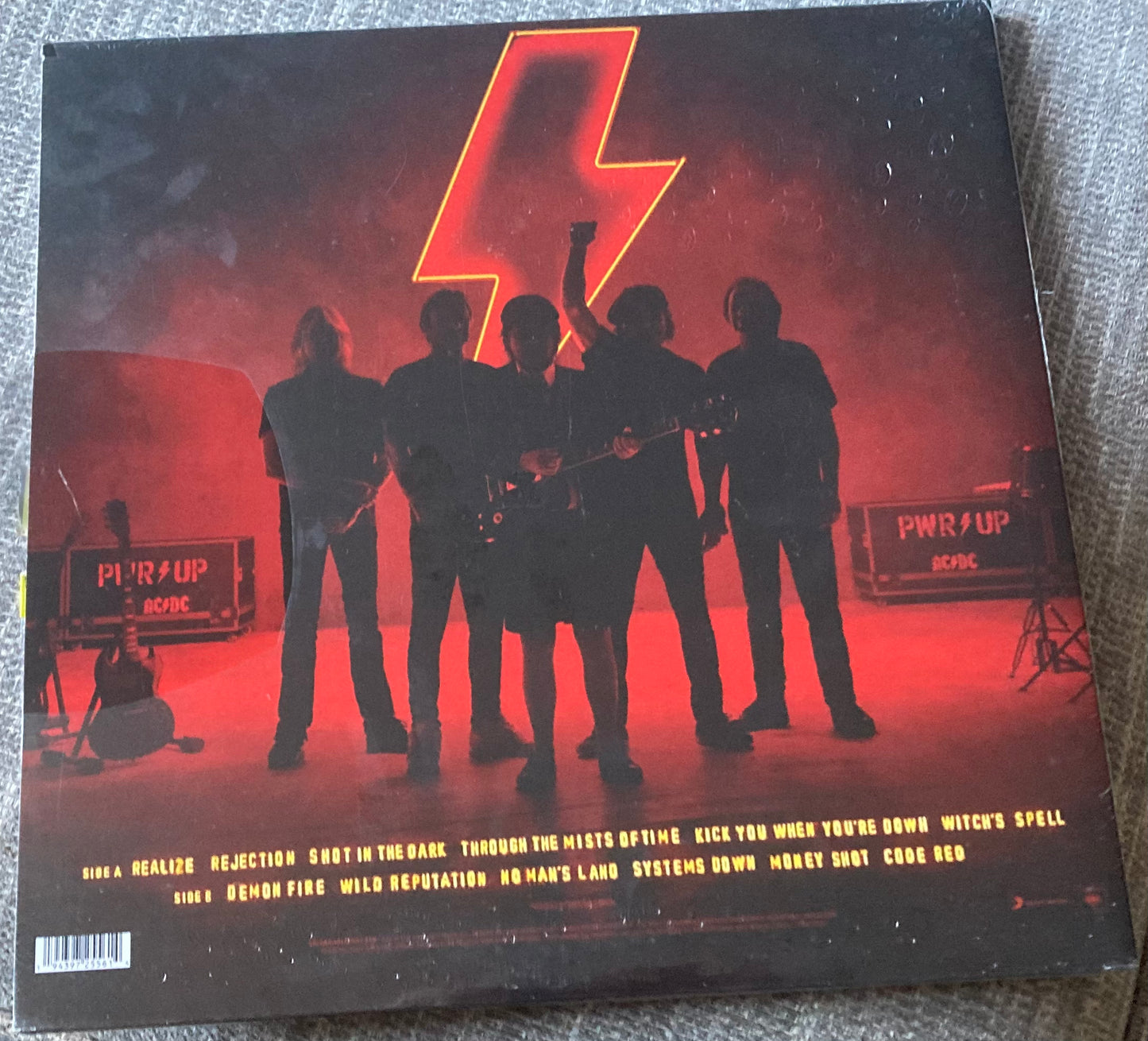 The back of AC/Dc - PWR Up on vinyl.