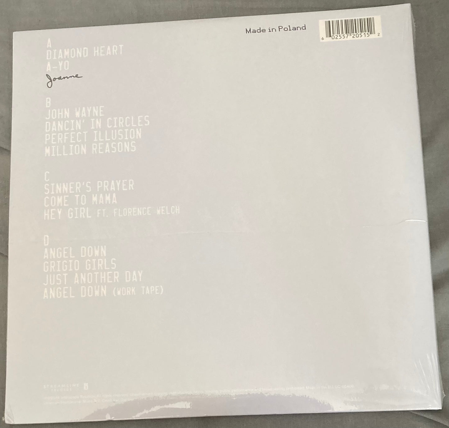 The back of of Lady Gage - Joanne on vinyl