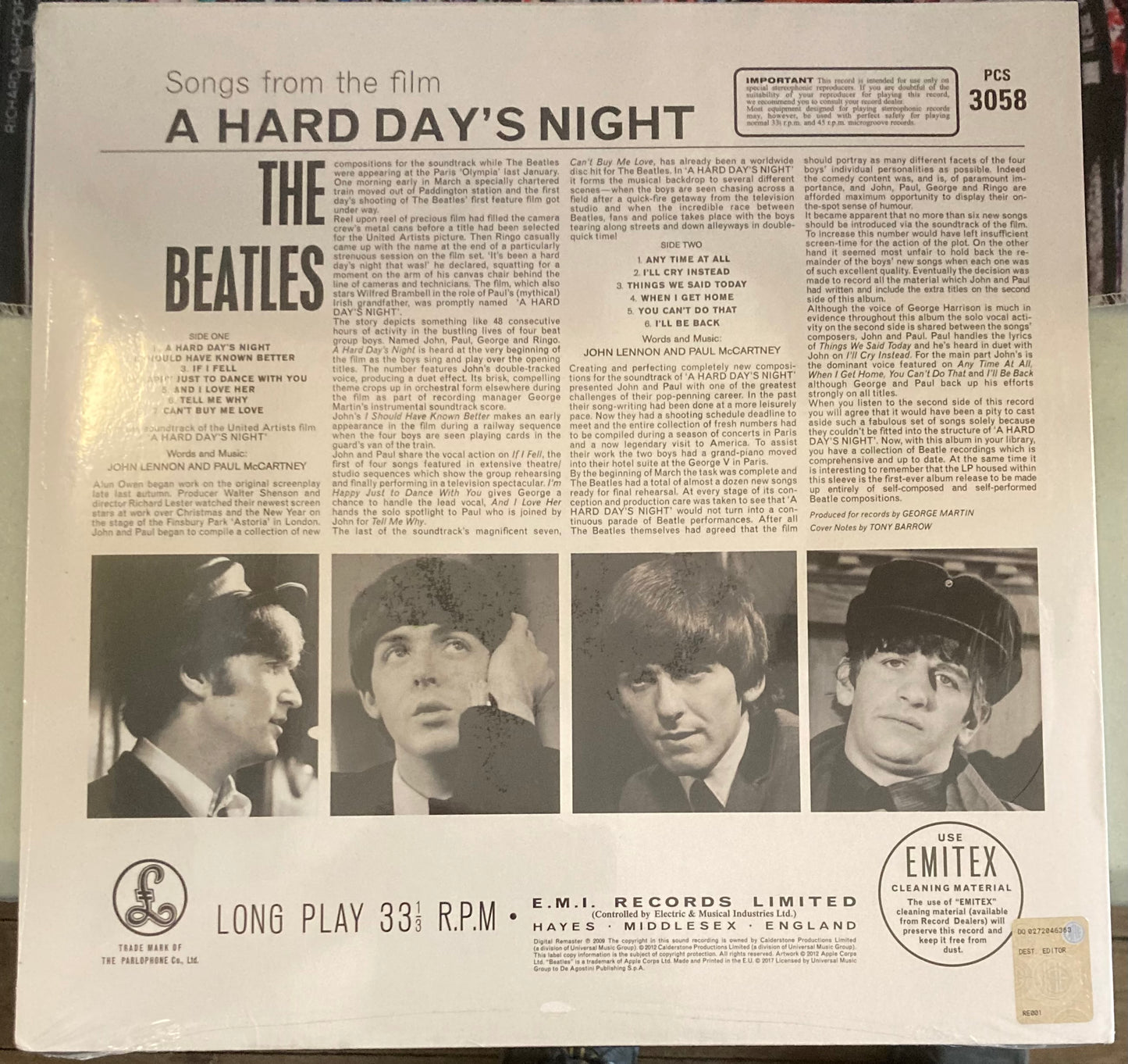 The back of 'The Beatles - A Hard Day's Night' on vinyl. It is brand new and sealed.