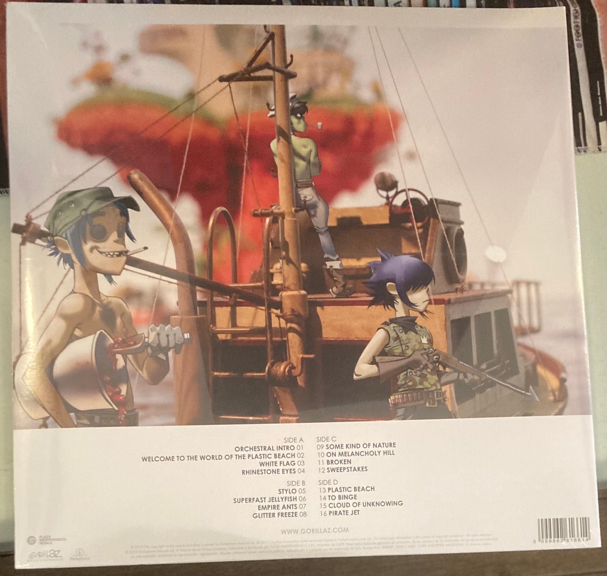 The back of 'Gorillaz - Plastic Beach' on vinyl