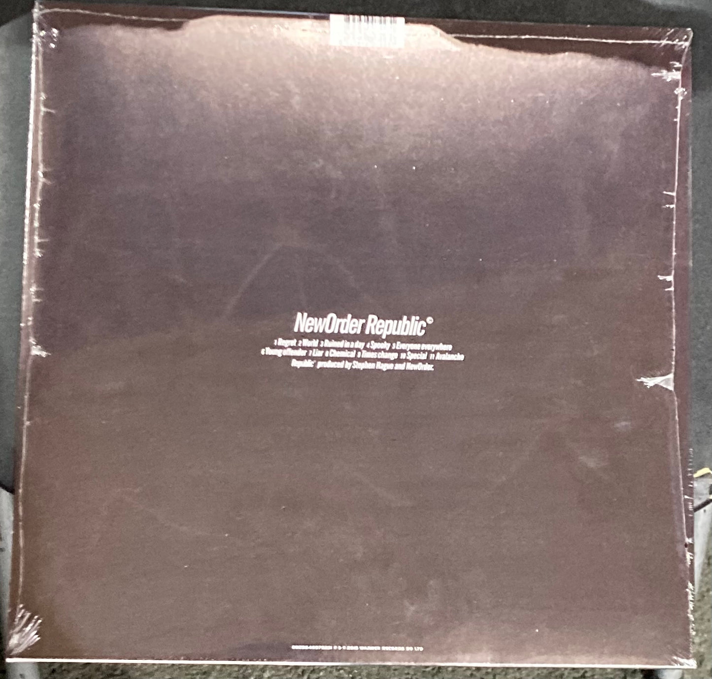 The back of 'New Order - Republic' on vinyl