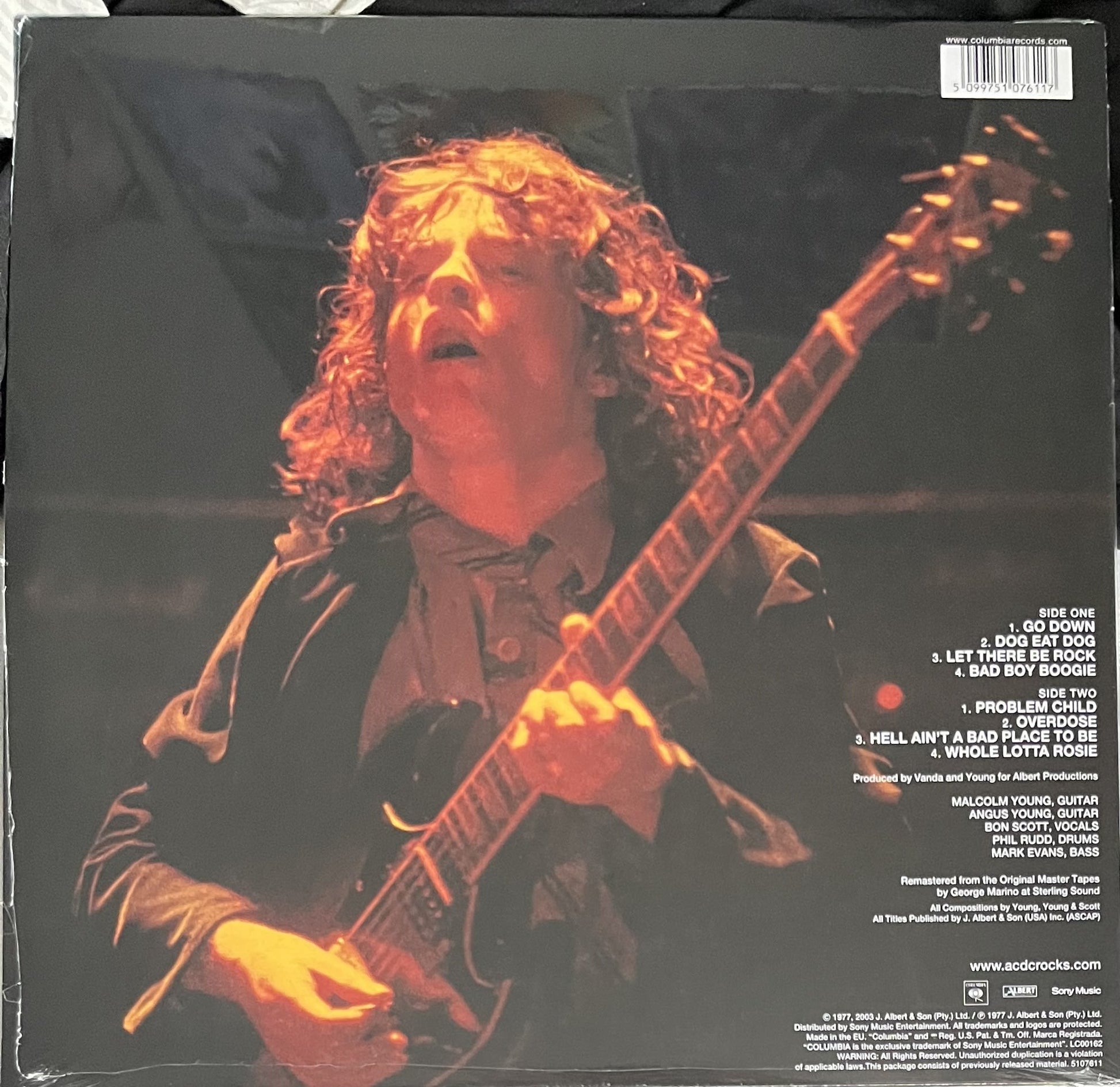 The back of 'AC/DC Let There Be Rock' on vinyl