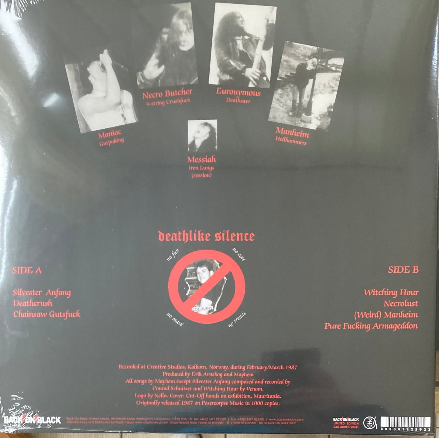 The back of 'Mayhem Deathcrush' on vinyl.
