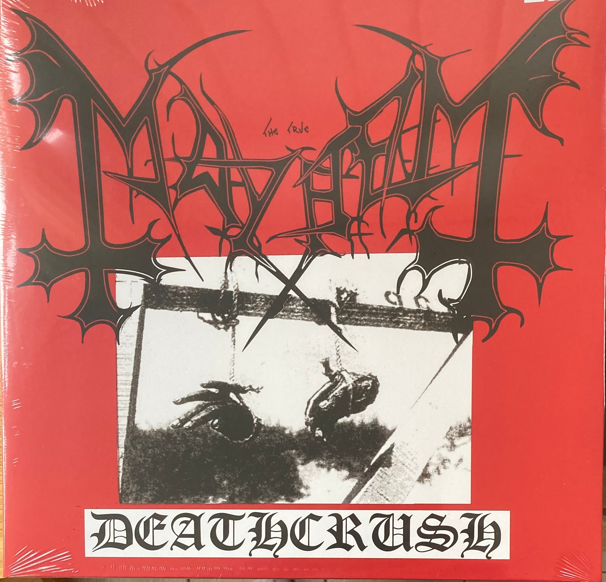 The front of 'Mayhem Deathcrush' on vinyl.