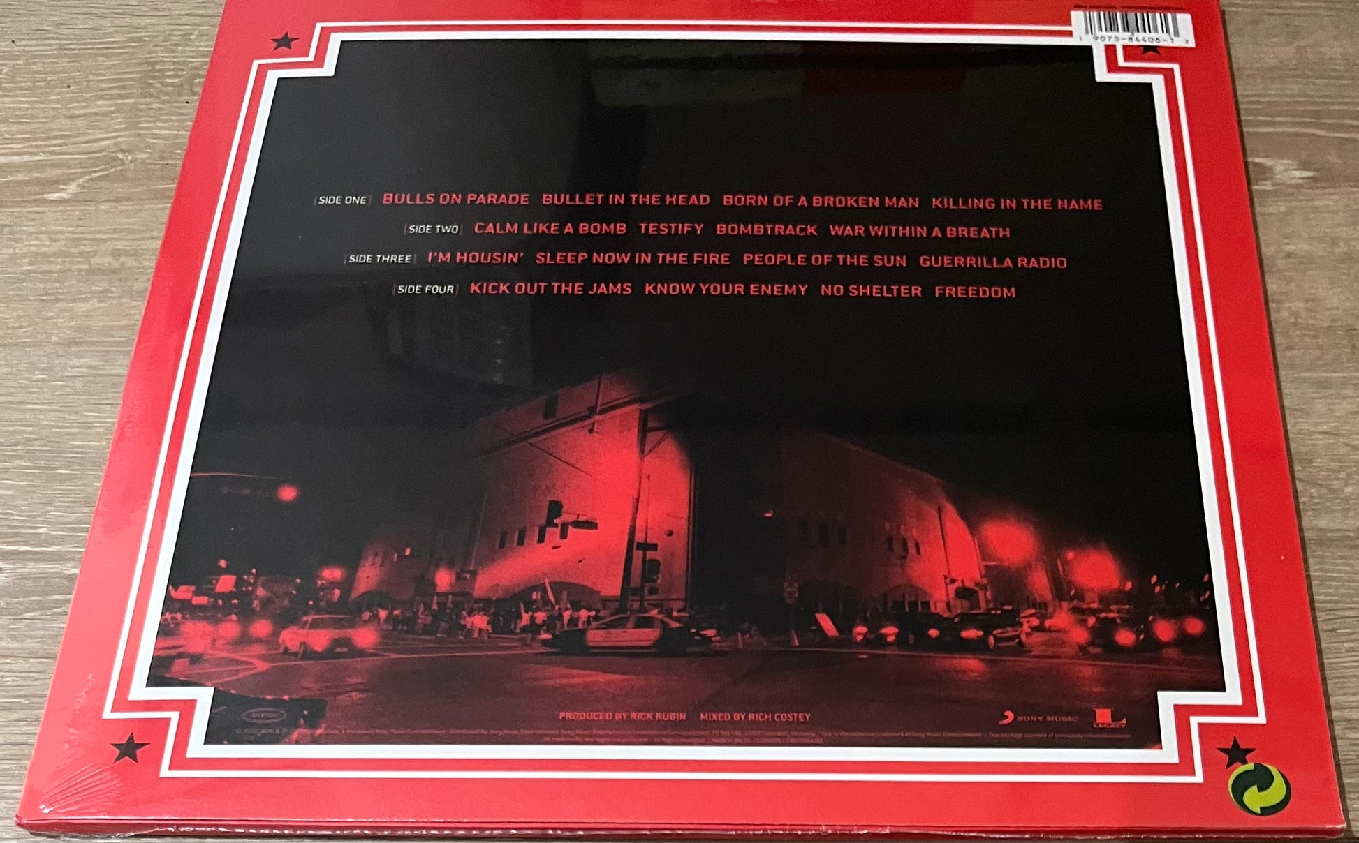 The back of 'Rage Against the Machine Live at the Grand Olympic Auditorium' on vinyl