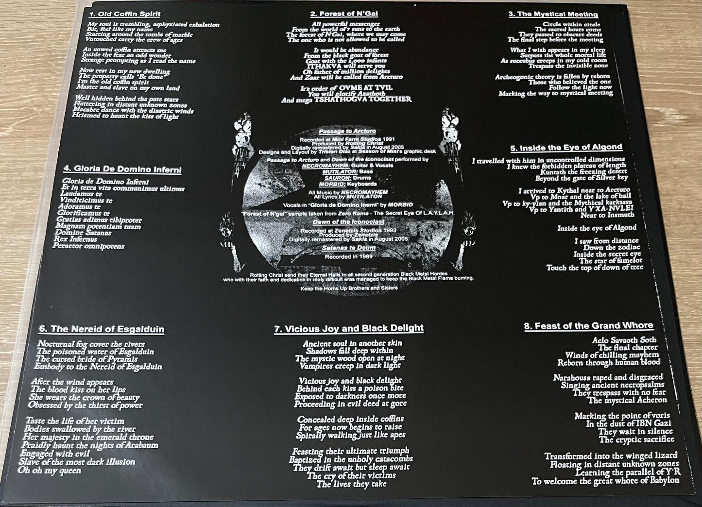 The lyric sheet for 'Rotting Christ Passage to Arcturo' on vinyl, unsealed