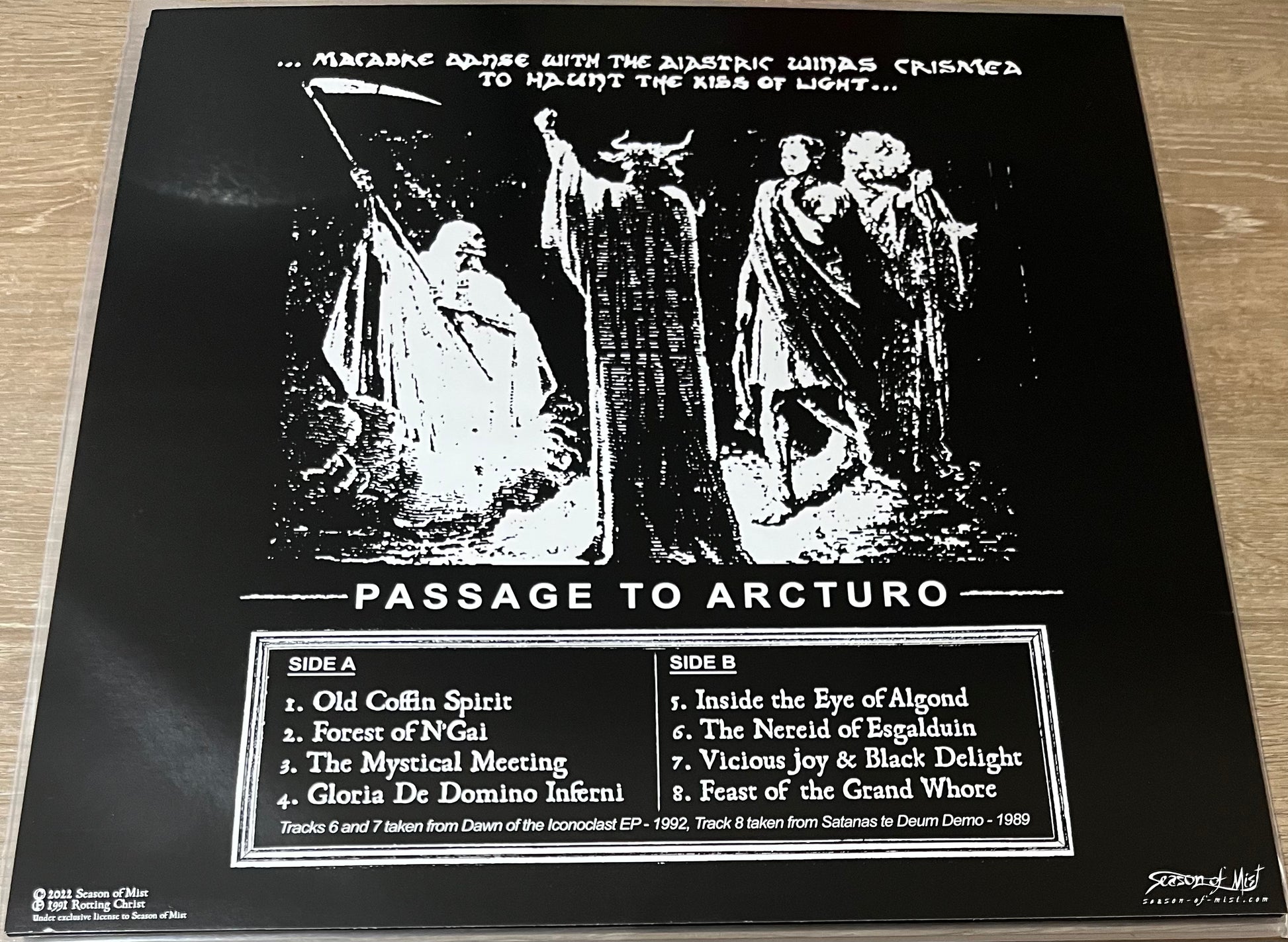 The back of 'Rotting Christ Passage to Arcturo' on vinyl, unsealed