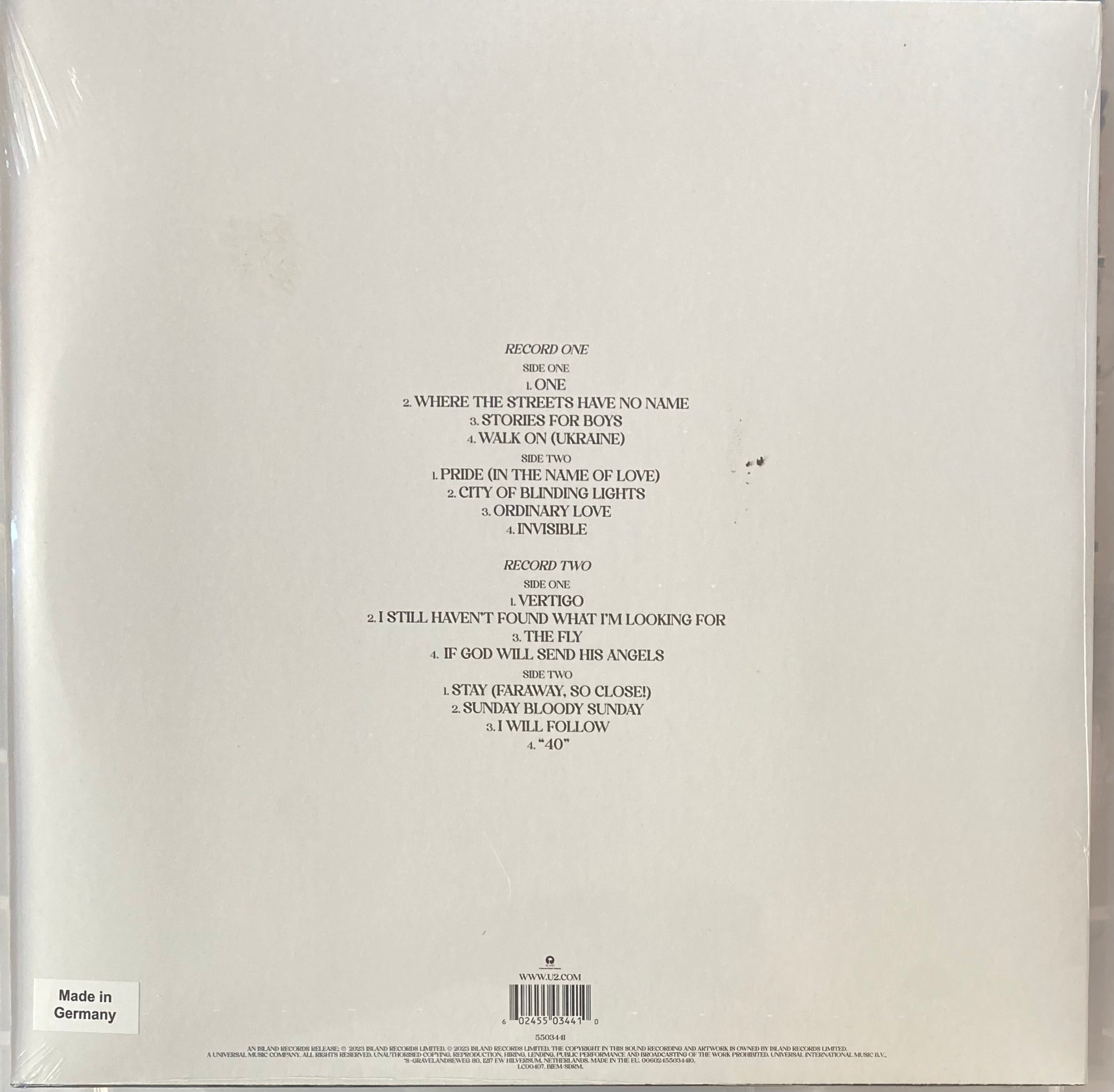 The back of 'U2 Songs of Surrender' on vinyl