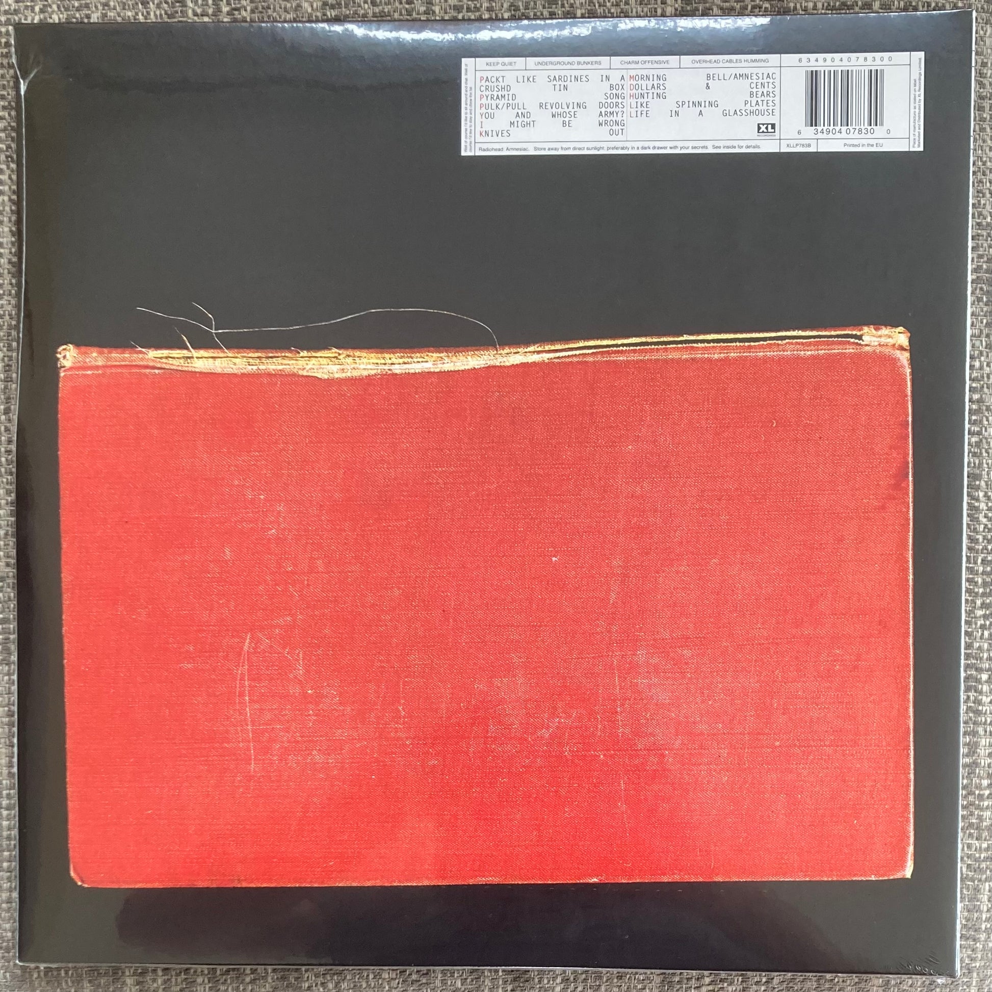 The back of 'Radiohead - Amnesiac' on vinyl. It is sealed and unplayed