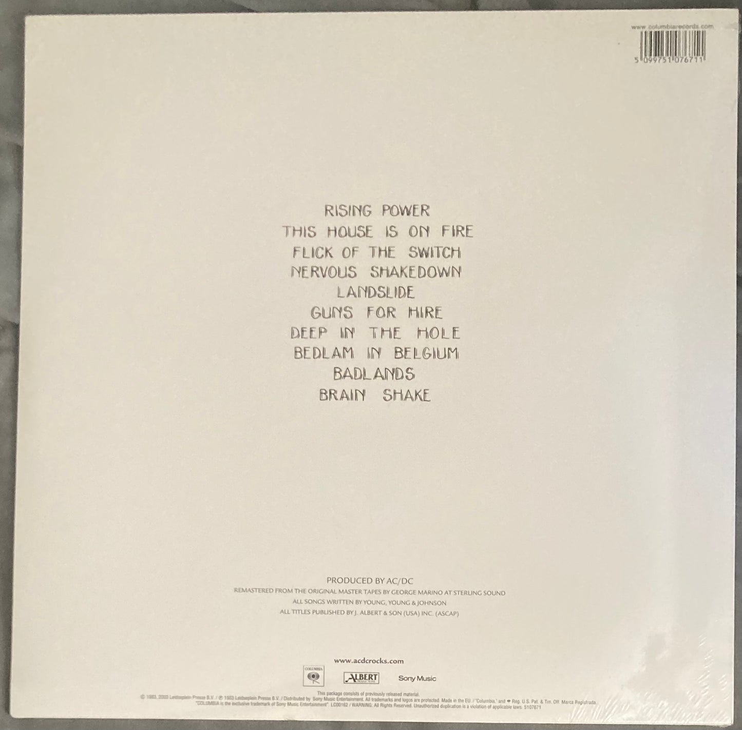 The back of 'AC/DC - Flick of the Switch' on vinyl