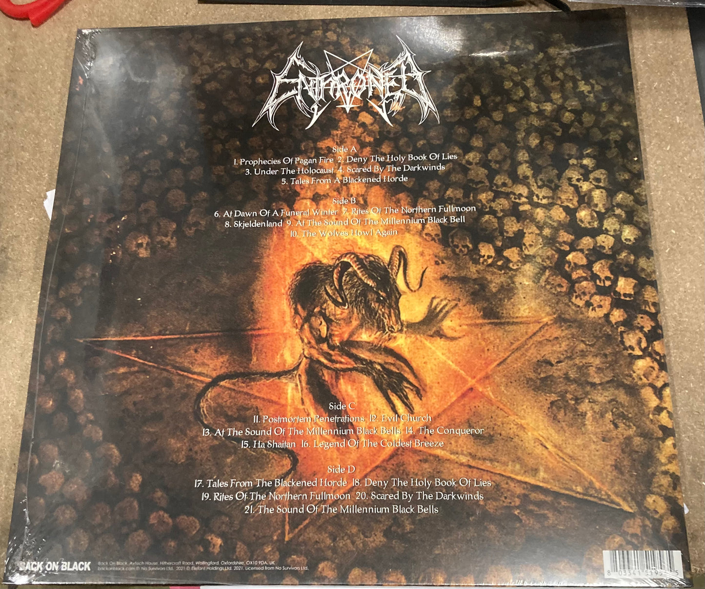 The back of 'Enthroned - Prophecies of Pagan Fire' on vinyl