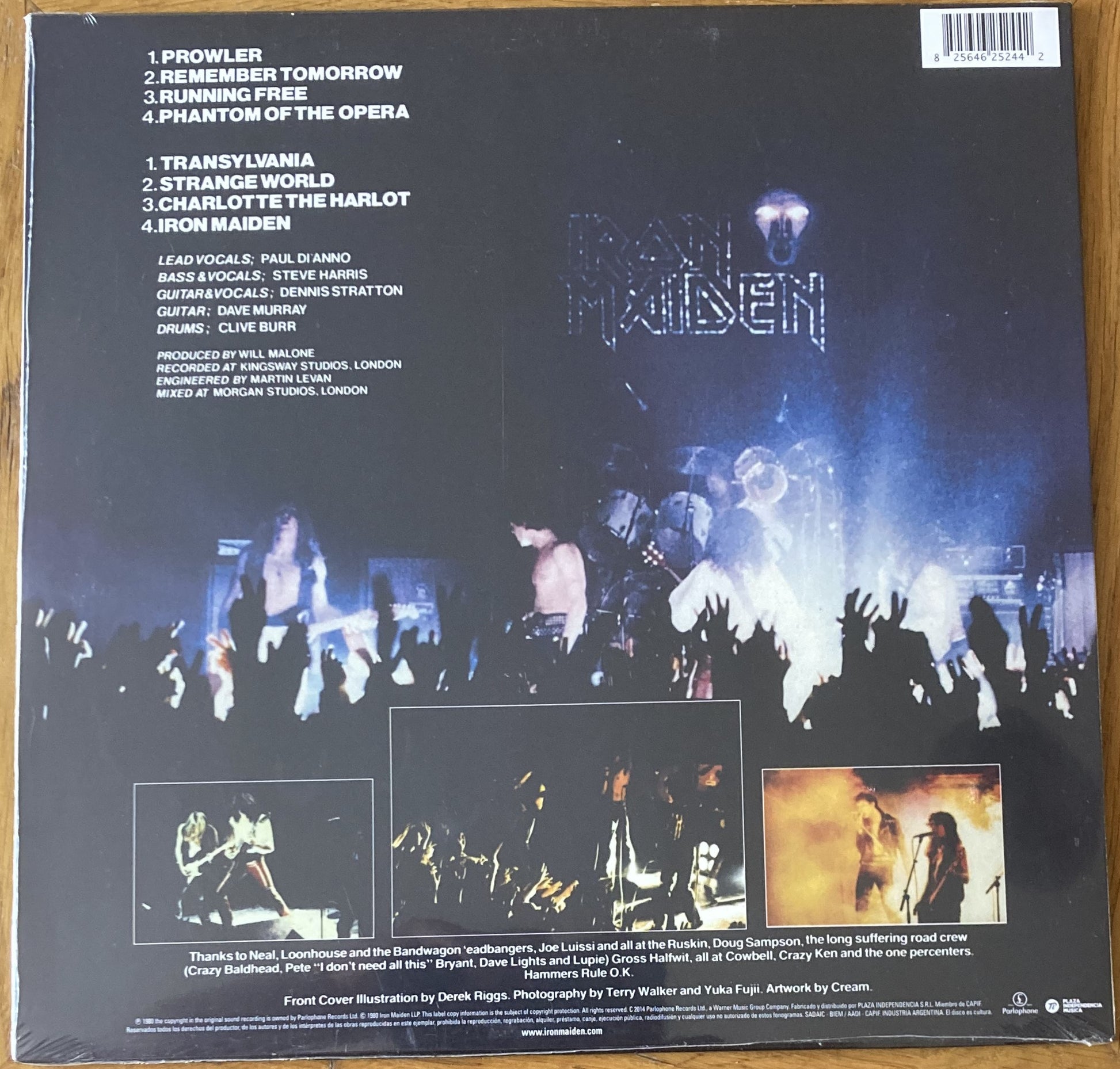 The back of 'Iron Maiden Self-Titled Album' on vinyl