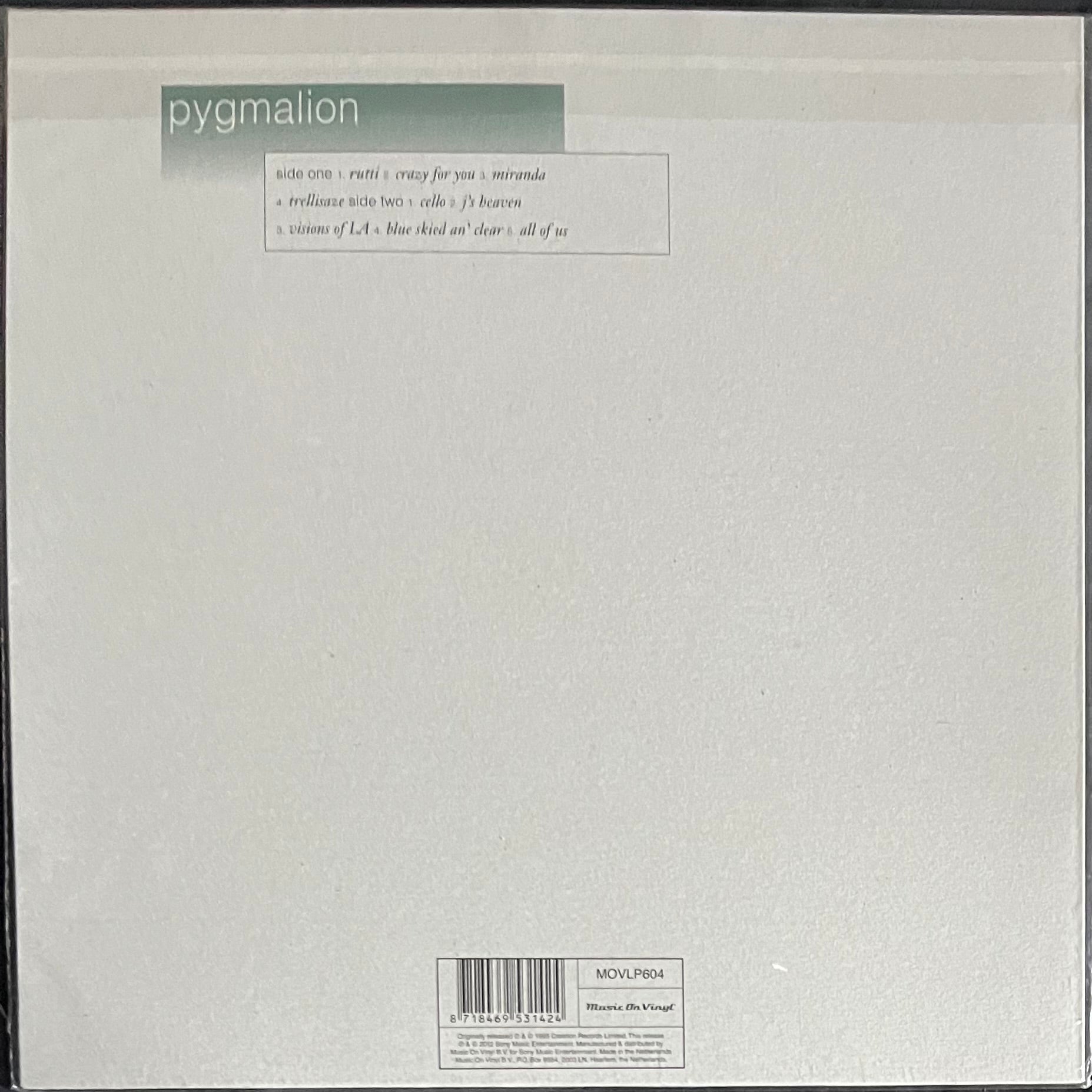 Back cover of a music album with 'pygmalion' at the top