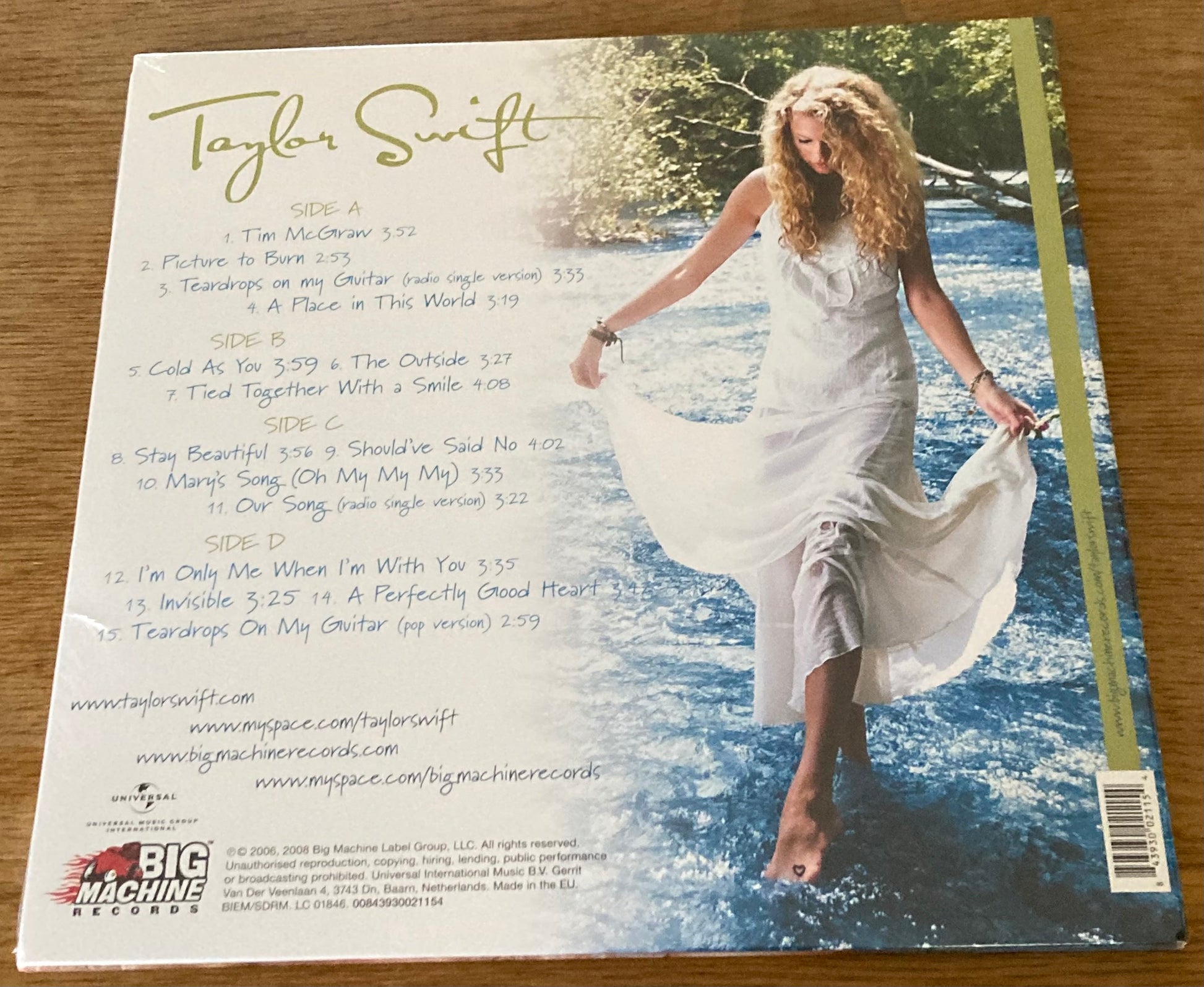 The back of Taylor Swift's self-titled debut album on vinyl