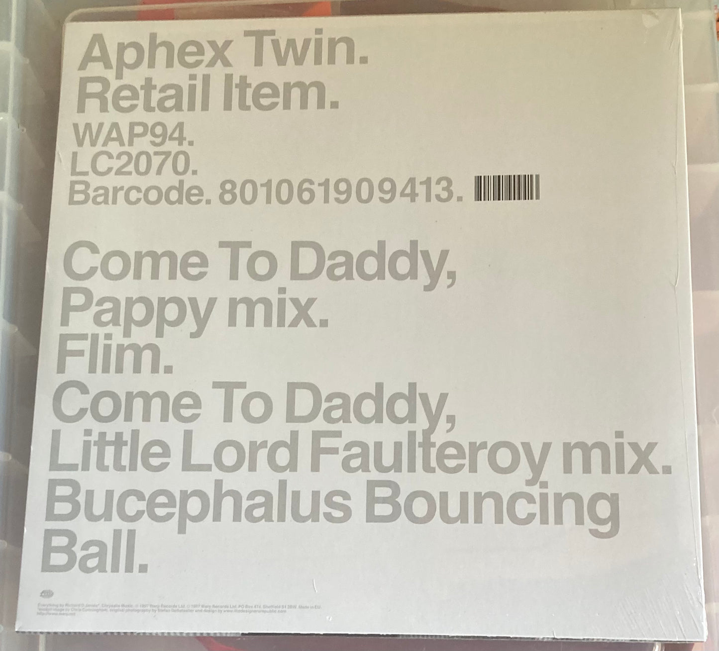 The back of 'Aphex Twin - Come to Daddy' on vinyl