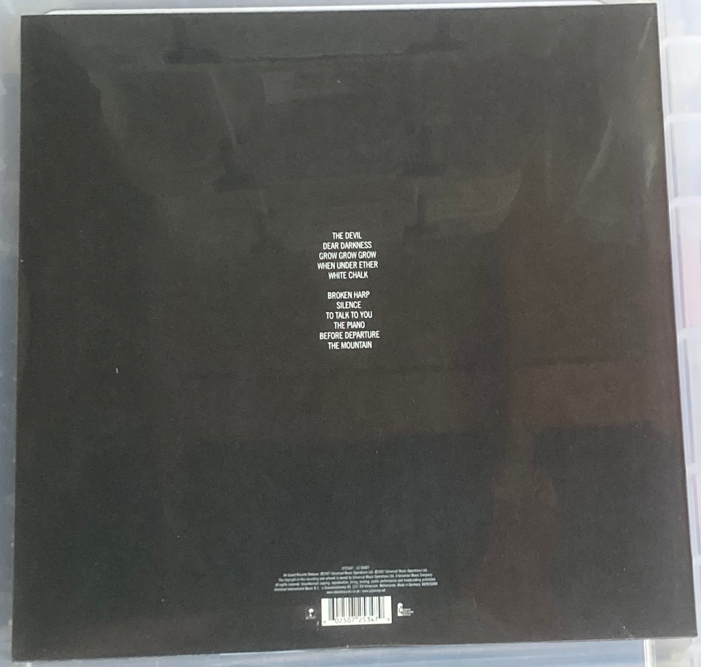 The back of 'PJ Harvey - White Chalk' on vinyl