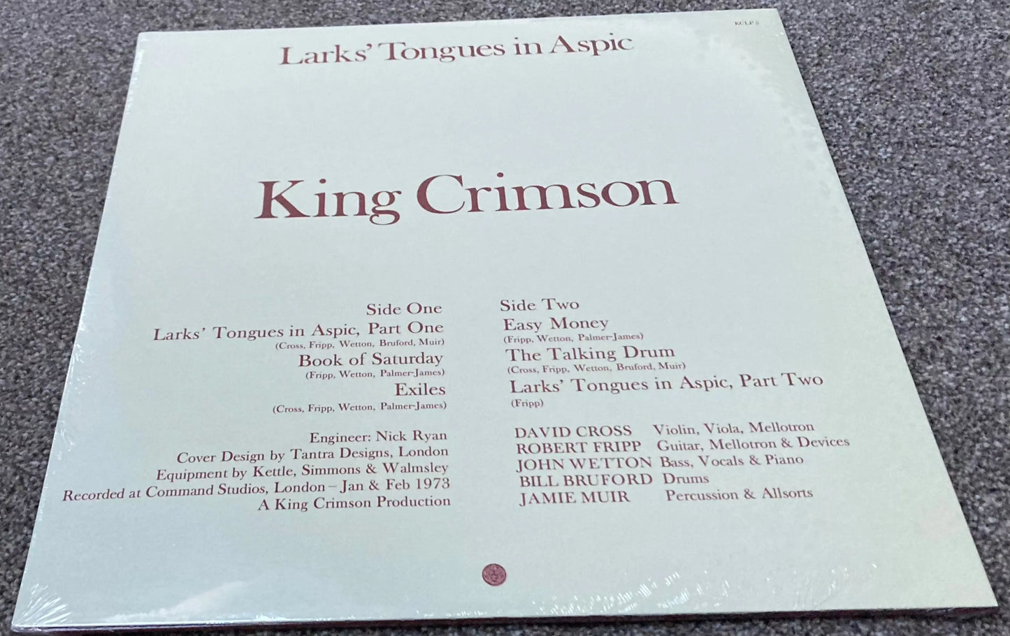The back of ‘King Crimson - Lark’s Tongues in Aspic’ on vinyl.