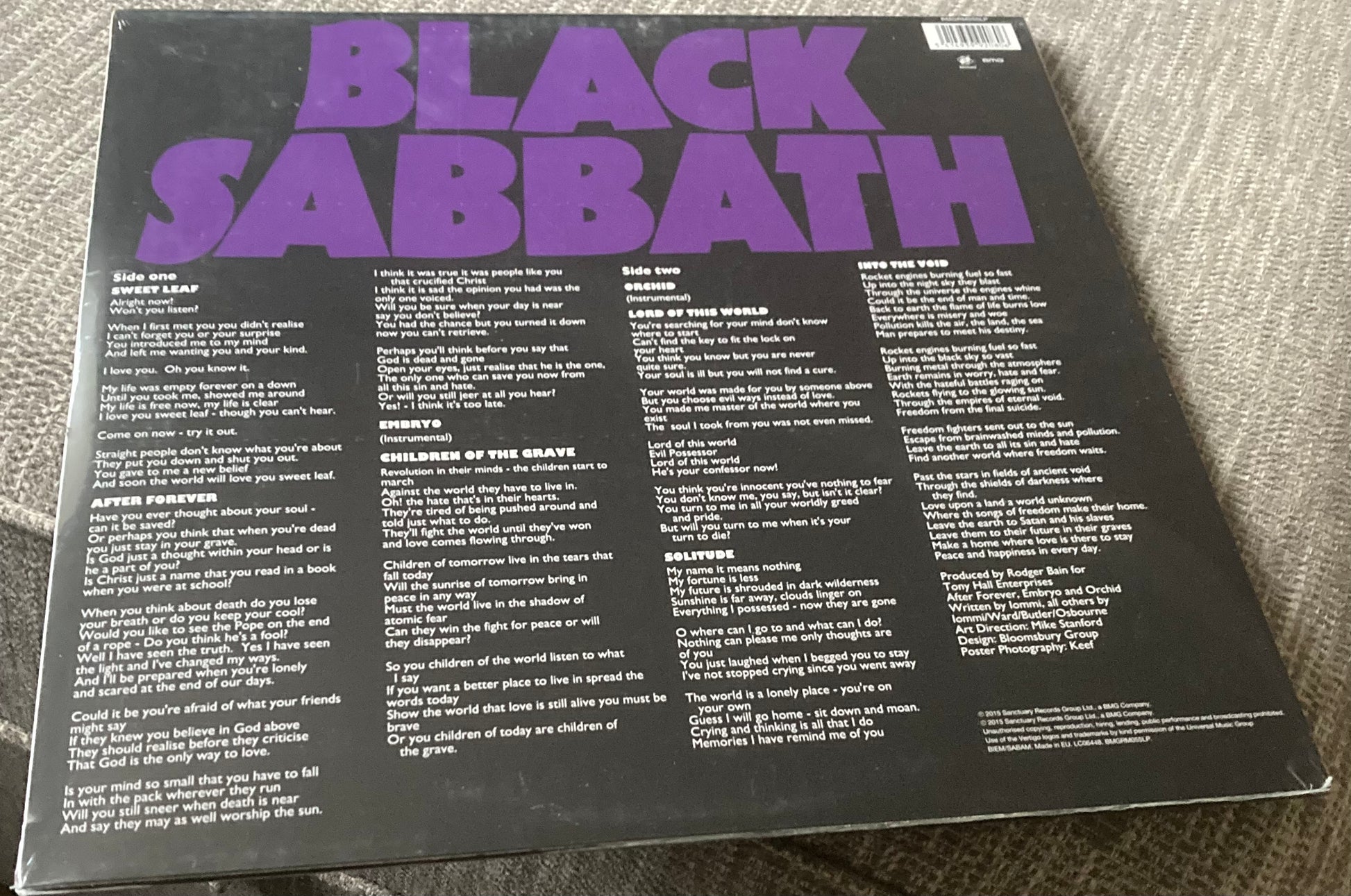 The back of Black Sabbath - Master of Reality on 180g vinyl